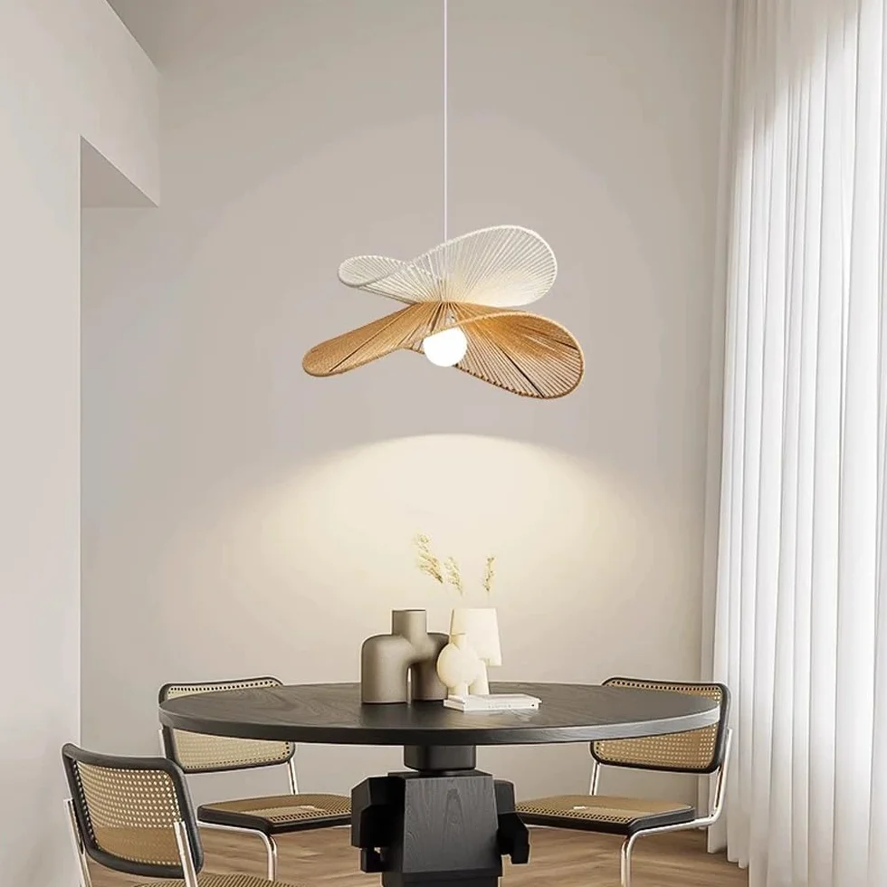 Lámpara colgante de cuerda de cáñamo de ratán costero bohemio, iluminación colgante tejida moderna, lámpara colgante de techo de mediados de siglo marrón y blanco para comedor, cocina, isla, d