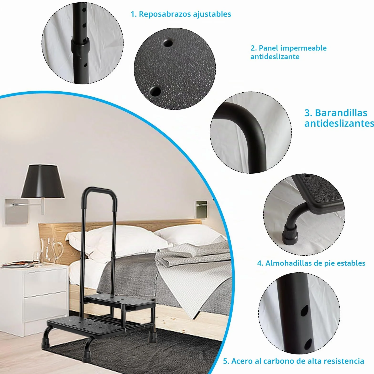 SECURA - Taburete con asa, doble peldaño hasta 160 kg, escalera con superficie antideslizante, seguridad para adultos, ancianos y niños en cocina, baño y casa
