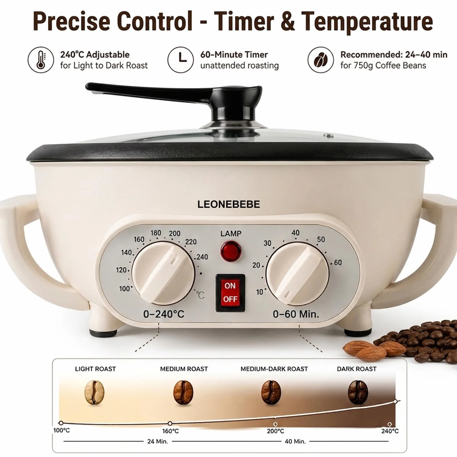 Tostadora eléctrica de café 750 g temperatura ajustable para hogar cafetería