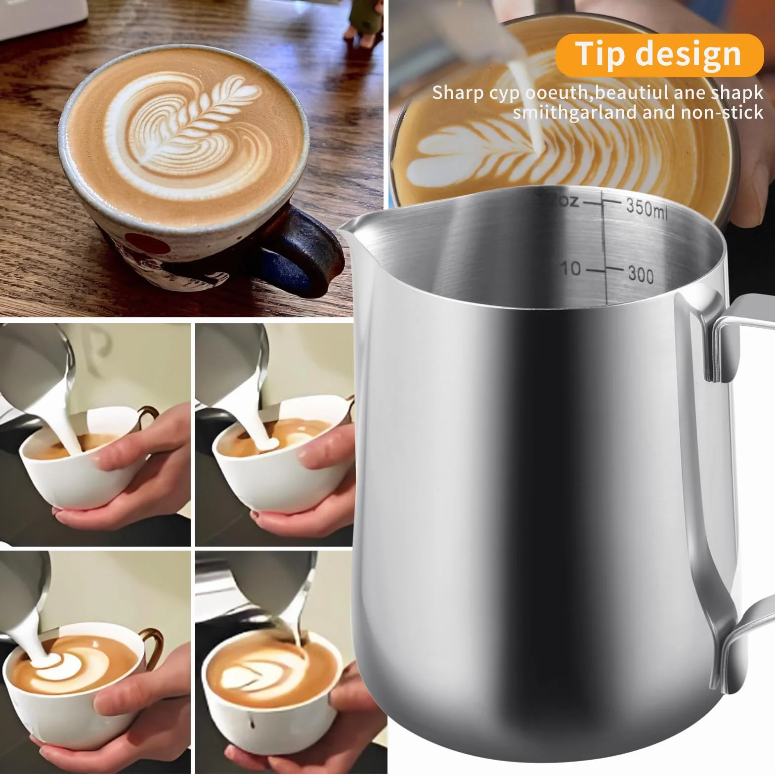 Jarra Leche Barista 350ml con Bolígrafo de Arte Latte - Lechera de Acero Inoxidable para Arte de Café, Capuchino y Espresso, Jarra Cafe