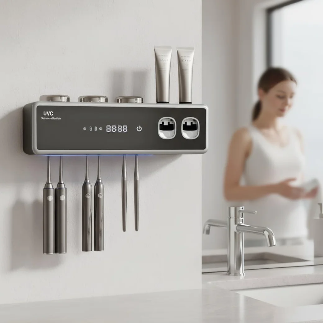 Soporte Inteligente para Cepillo de Dientes con esterilización UV, dispensador automático de Pasta de Dientes y función de Secado, montado en la Pared (Negro)