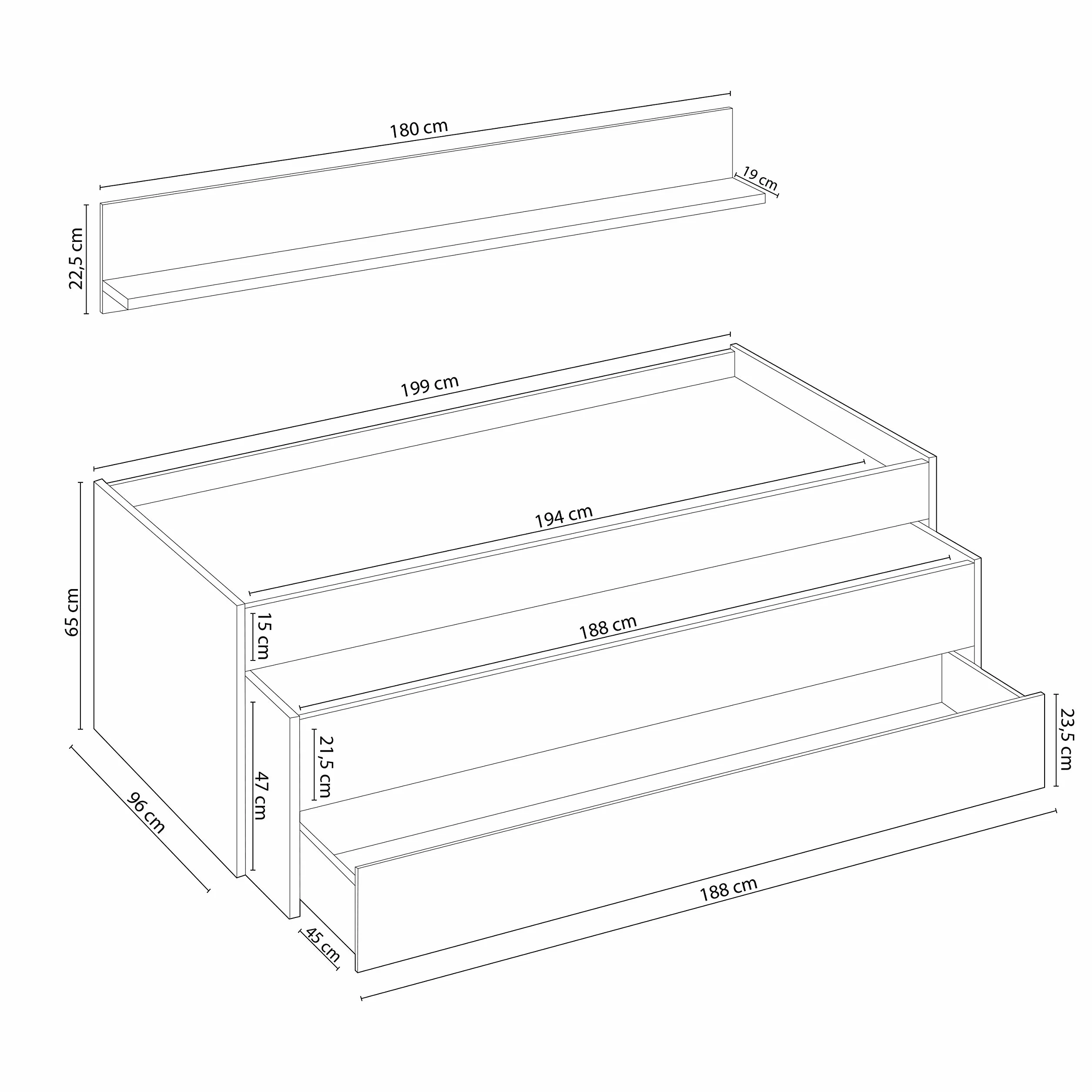 Habitdesign Cama Nido Juvenil 2 Camas Cajon Estante Infantil Blanco 199x96x65 cm