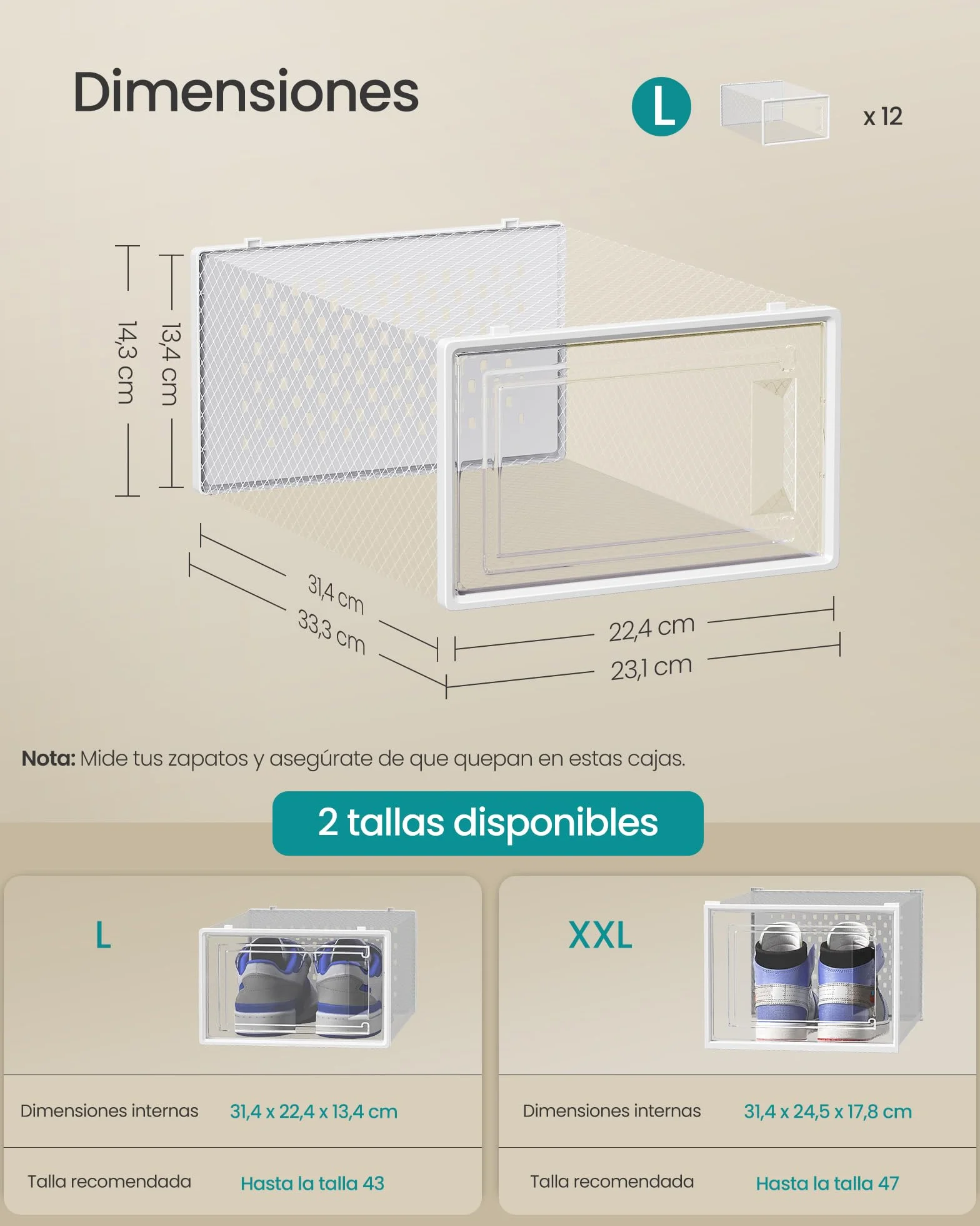 SONGMICS Cajas de Zapatos de Plástico Plegables Apilables Juego de 12 Transparente Blanco