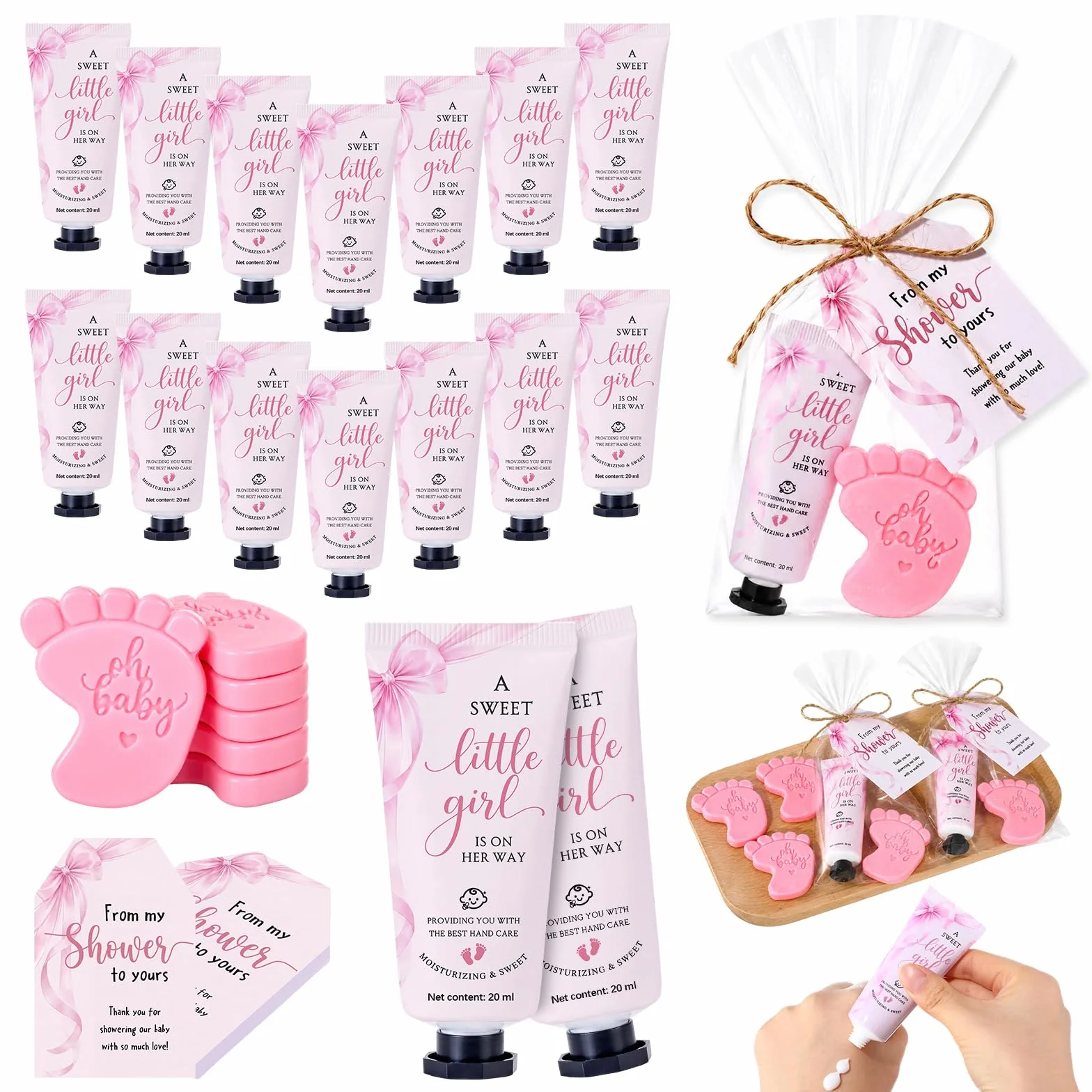25 juegos de recuerdos de baby shower con lazo rosa para invitados, kit de crema de manos perfumada y jabón de huellas con tarjetas, bolsas de regalo transparentes y cordel para regalos de