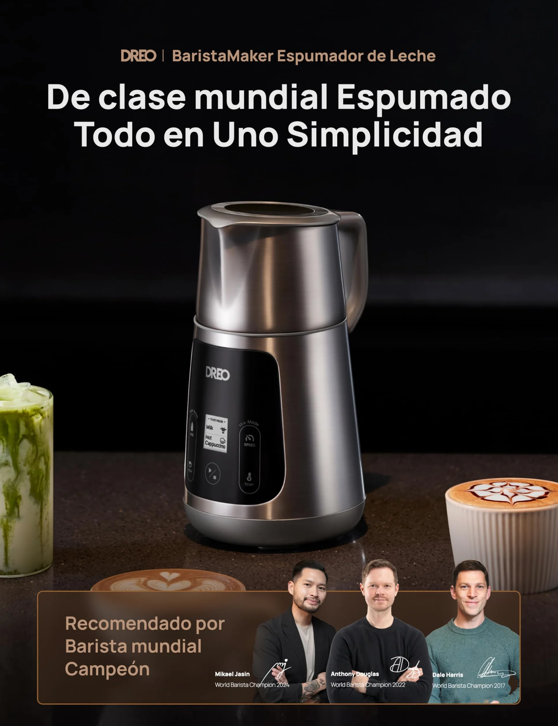 DREO Espumador de Leche Eléctrico 450ml [Actualizado], para Capuchino, Latte Macchiato, Frappé y Chocolate Caliente, Más de 30 Bebidas, Apto para Lavavajillas, Fácil de Limpiar, Pantalla LED