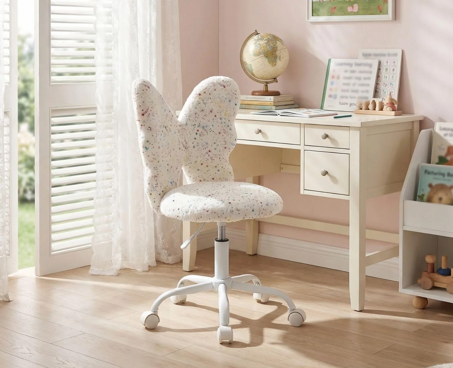chairus Silla de Escritorio Infantil de Lana Sintética Silla Giratorio de Estudio con Forma de Mariposa, Silla Estudiante Habitación con Ruedas Silenciosas para Niños/Juvenil, Blanco