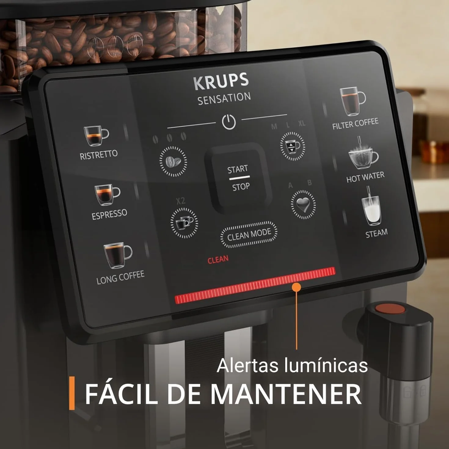 Krups Sensation C50, Cafetera superautomática, Potencia 1450W, Fácil uso, 5 tipos bebidas, Fácil mantenimiento, Alertas lumínicas, Cómoda limpieza, Ajustes personalizados, Boquilla vapor, EA9108