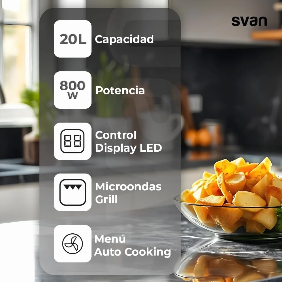 Svan Microondas 20 Litros Integrable con Grill Blanco SMWI2800DGB. 800W, Grill 1000W, 8 Programas, Modo Descongelación, Revestimiento Interior, Fácil Limpieza, Temporizador 95min.
