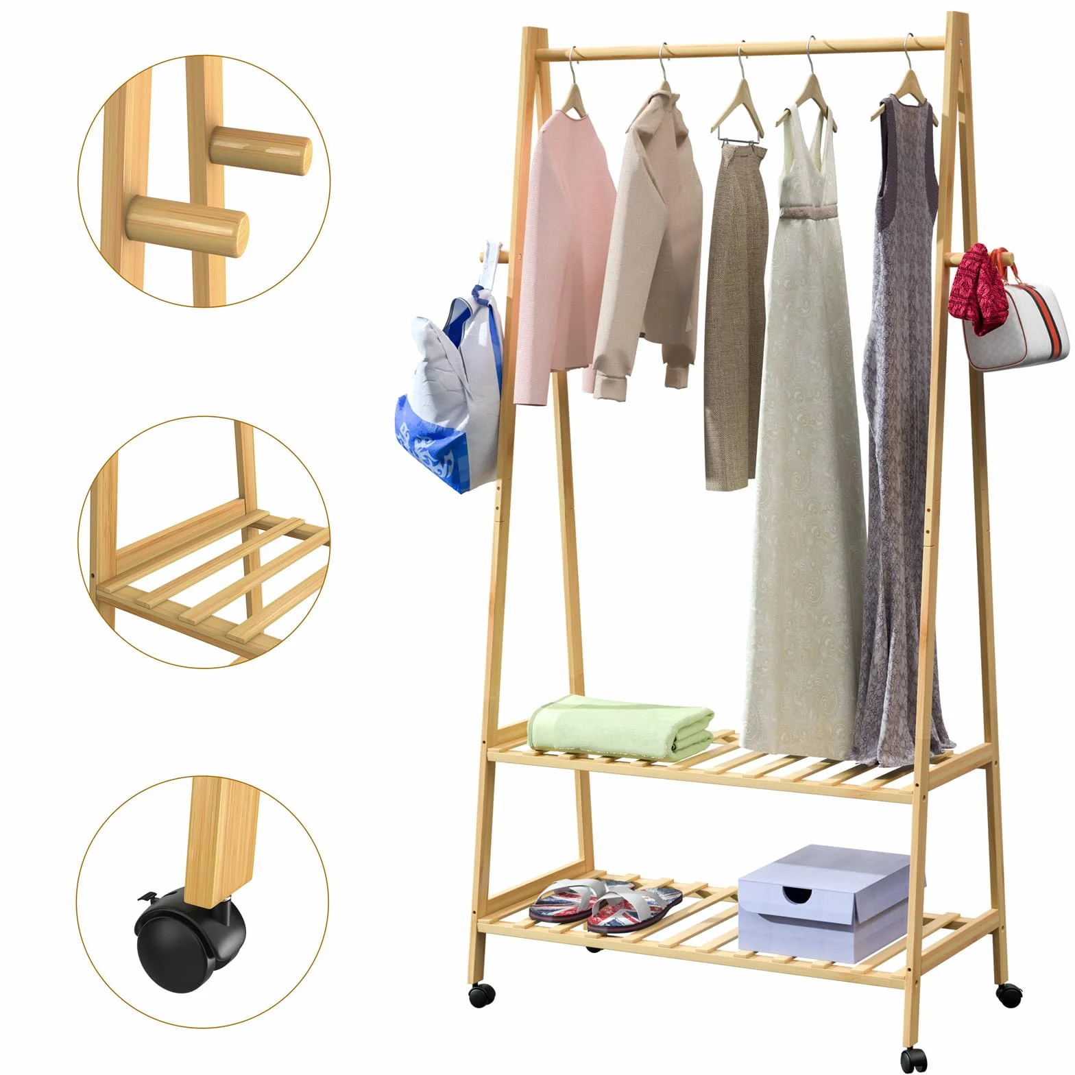 CASARIA® Perchero de Pie Ruedas 2 Estantes Burro Ropa Robusto 4 Ganchos Madera Bambú 155x70cm Dormitorio Pasillo Organizador Colgador Moderno Natural