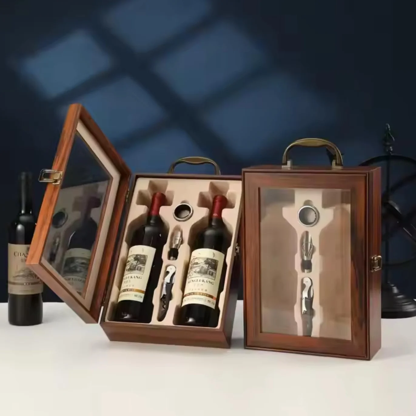 Caja de regalo para botella de vino, caja de exhibición de lujo para almacenamiento de vino, champán o whisky con herramientas, tornillo de corcho, vertedor, servilleta/anillo de goteo, vino