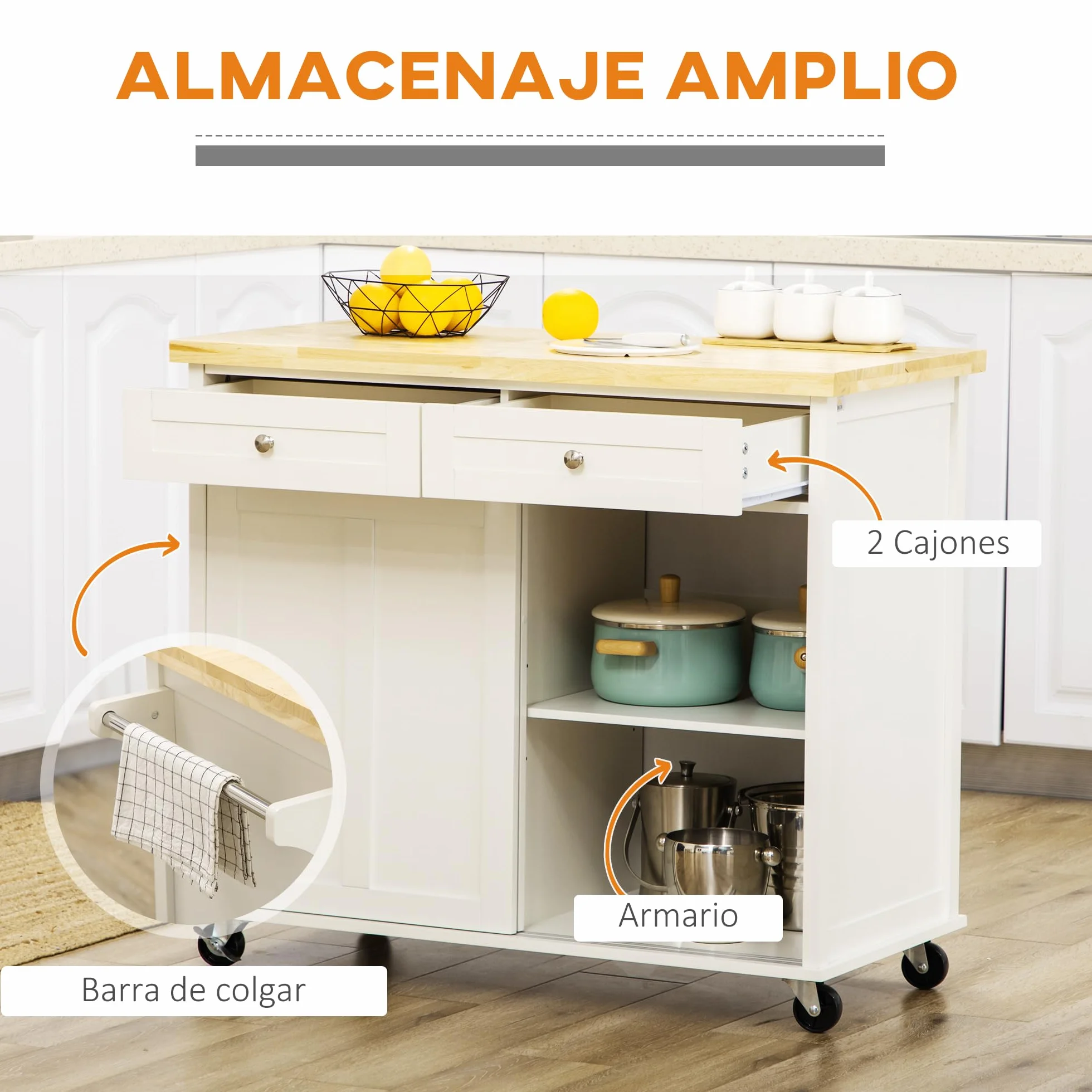 HOMCOM Carrito de Cocina Isla de Cocina Multifuncional con 4 Ruedas 2 Puertas Correderas 2 Cajones Estantes Ajustables y Barra de Colgar para Comedor Sala 110x49,5x89,5 cm Crema