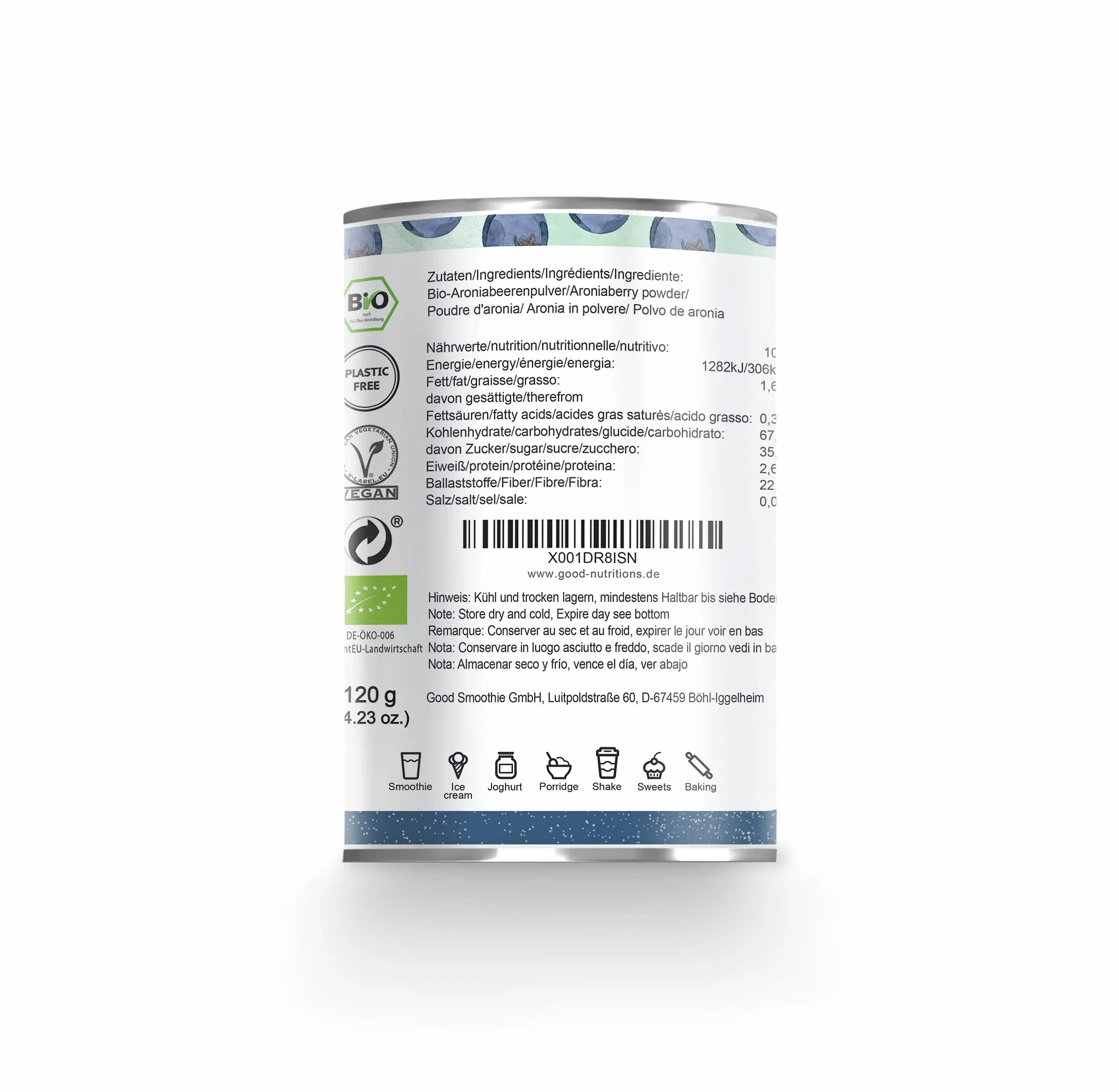 Bio Aroniabeerpulver Freeze-Dried Aronia Berry 100% fruta sin aditivos 120 g