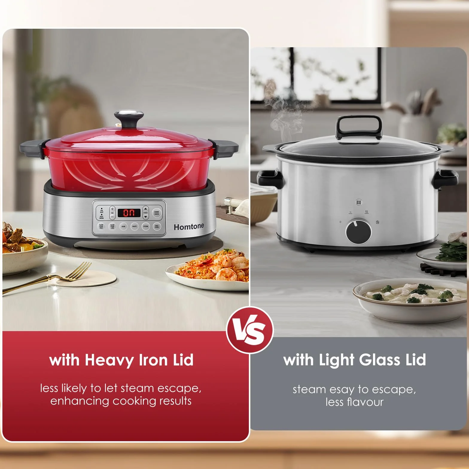 Homtone Cacerola 6 en 1 Slow Cooker 5,5L Programable Esmaltada Extraíble Revestimiento Cerámica Cocción Lenta Vapor Rojo