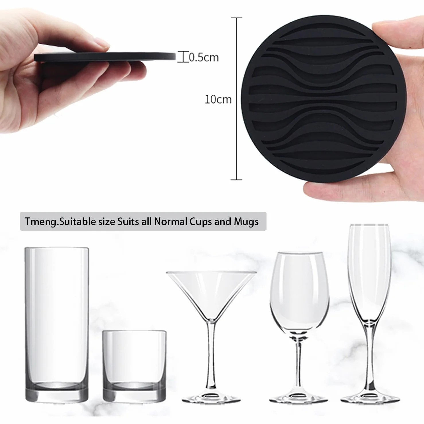 Posavasos Silicona 6PCS, Diseño Grueso 0,5cm Redondos, Antideslizantes (Negro)