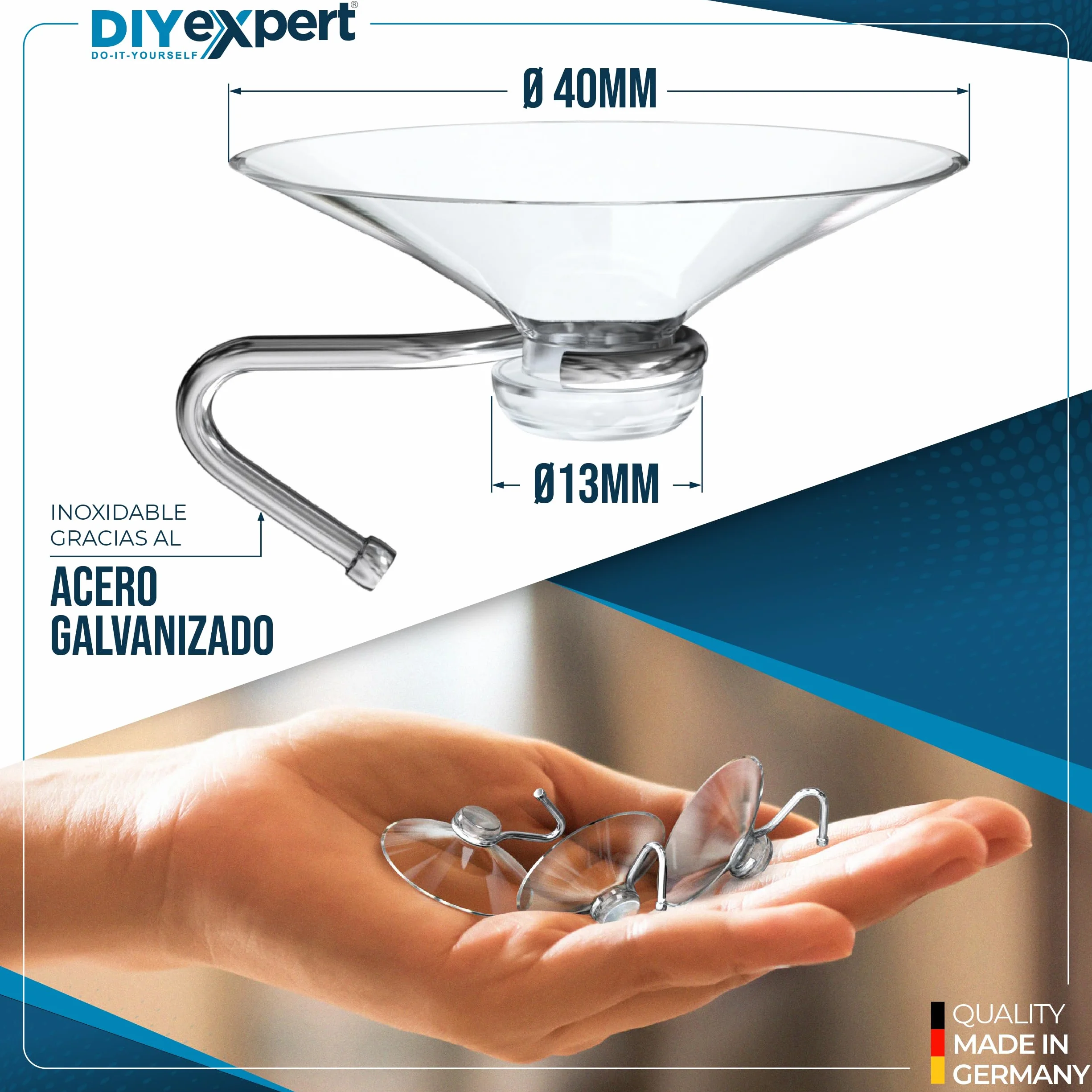 DIYexpert Ventosa con gancho | Gancho de succión fabricado en Alemania | [Ø 40 mm] [10 piezas] | Ventosas de alta calidad para camping y coche | Ideal como toallero y decoración navideña