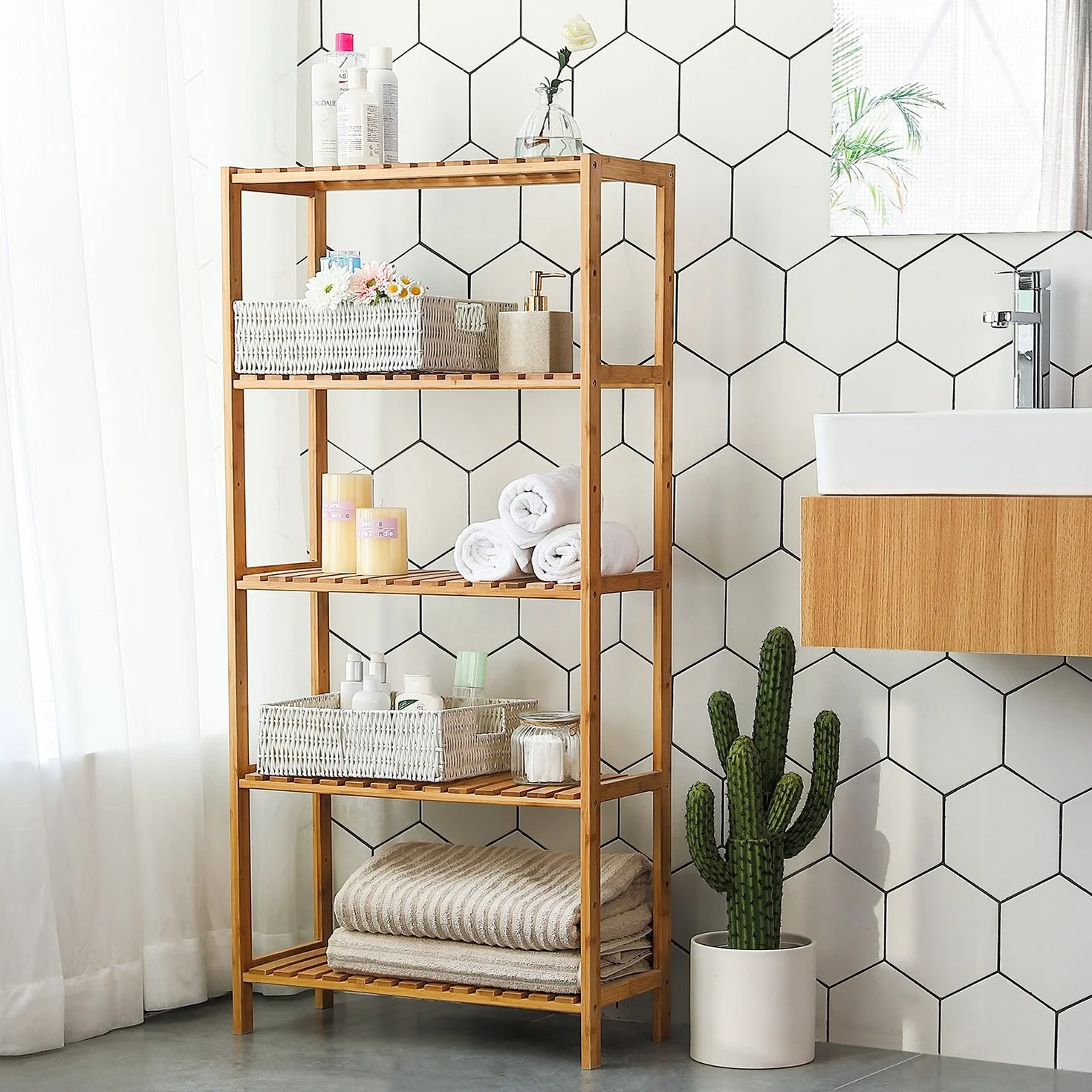 SONGMICS Estantería de bambú 130 x 60 x 26 cm BCB35Y Organizador para baño