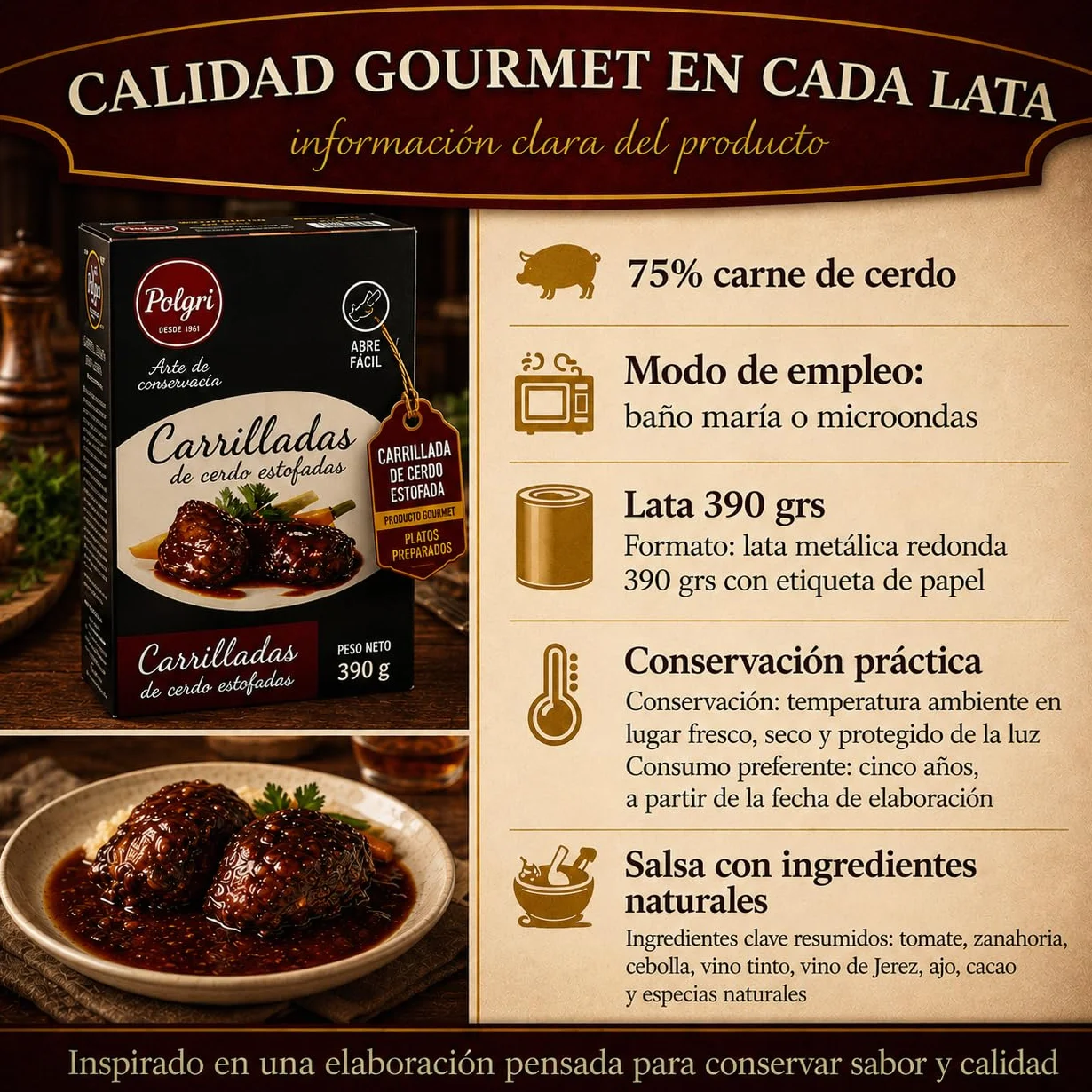 POLGRI Carrilladas de Cerdo Estofadas Conserva Gourmet Lata 390 g Carne Melosa