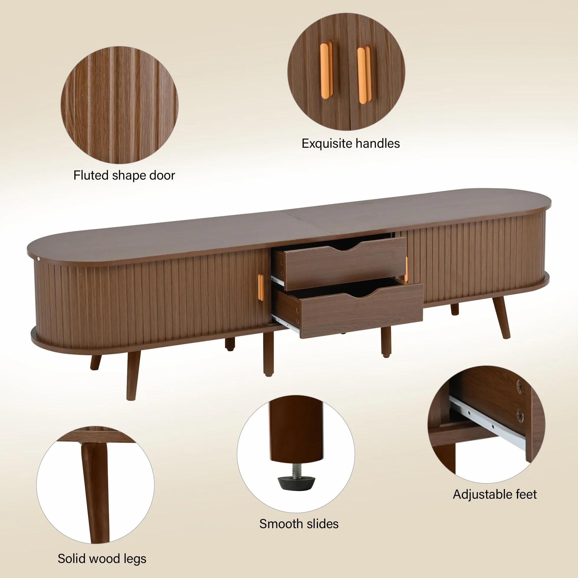 Armario de TV de salón con espacio de almacenamiento y tablero redondo de madera de densidad media con 2 cajones, apto para 175 x 40 x 42 cm