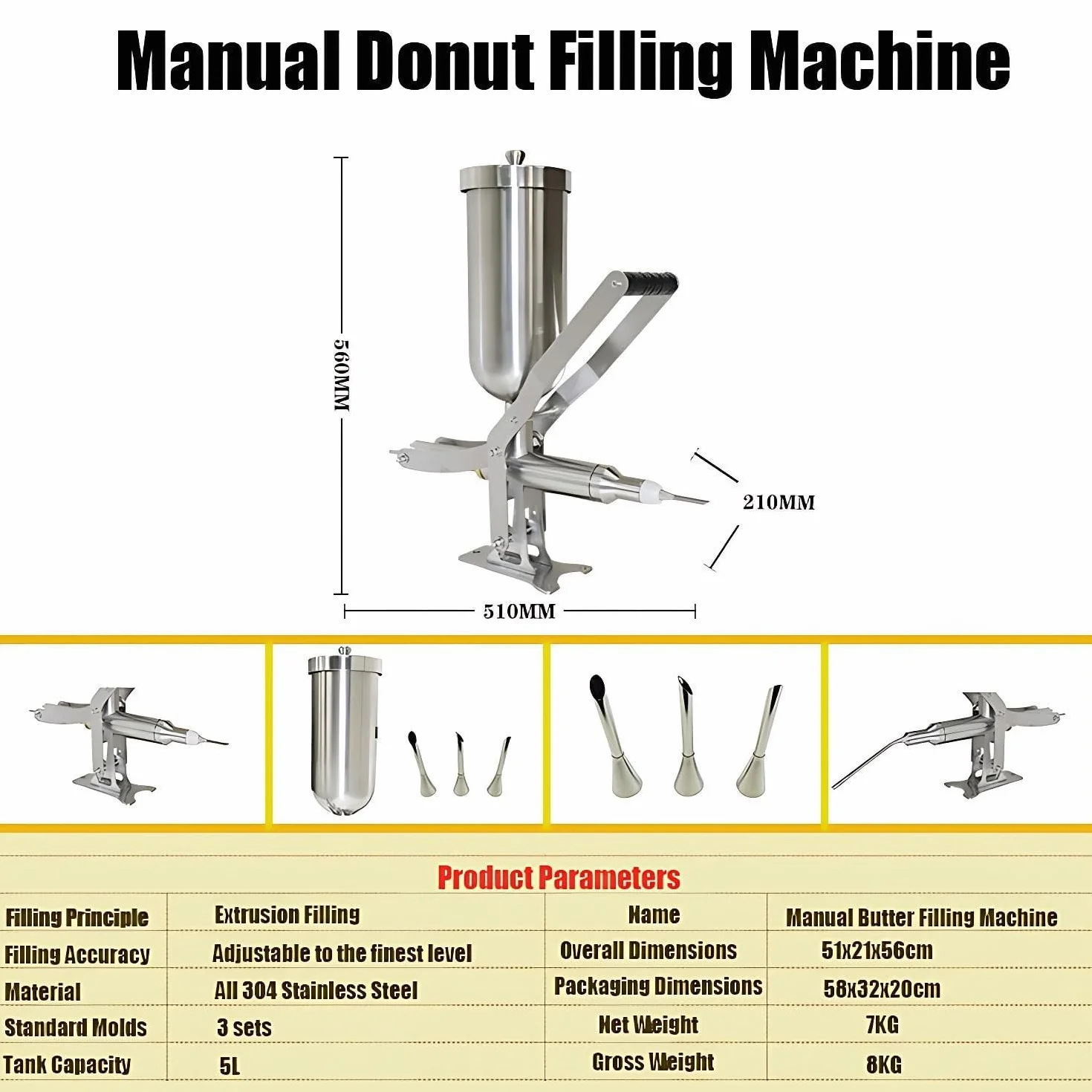 MáQuina para Rellenar Donas de 5 L,Rellenadora de Churros,Rellenadora de Crema de Acero Inoxidable 304 con 4 Tubos, inyector Profesional para Crema Mermelada y Chocolate