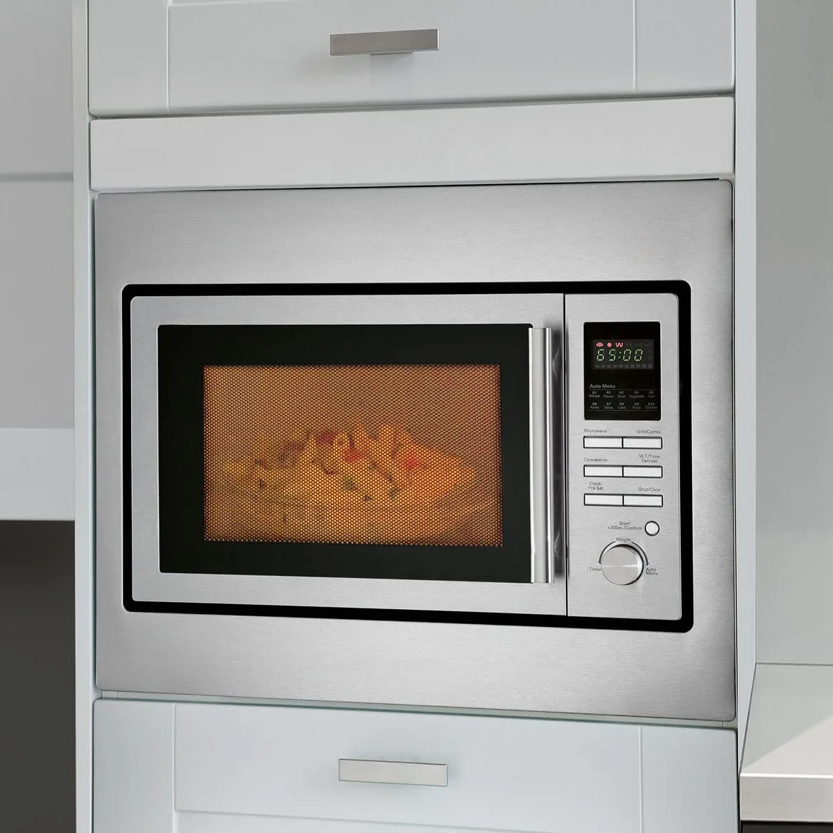 Microondas encastrable Bomann 3en1 con grill y convección,25 L de espacio de cocción, 10 programas automáticos,incl. rejilla grill y plato giratorio (Ø 32 cm),900 vatios,acero inoxidable,MWG 2216 H EB