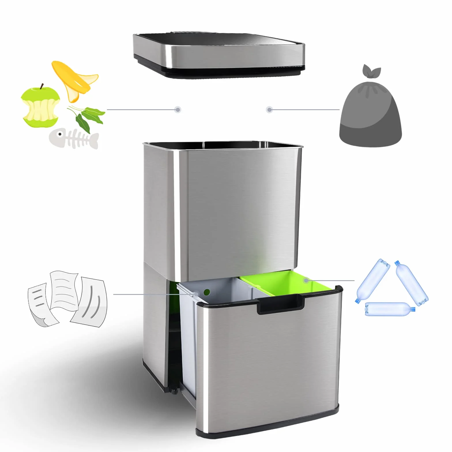 Gardtech VERTAK Sistema de separación de basuras con Sensor (3 Compartimentos, 62 L, Extensible, Sensor de Acero Inoxidable, para Cocina, casa y Oficina)
