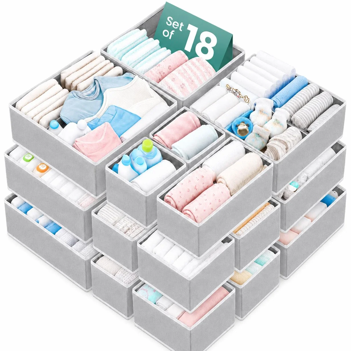 RFAQK Organizador de cajones de cómoda, paquete de 18 unidades, organizador de cajones de ropa interior para bebé, guardería, armario, separadores de cajones de tela plegables para dormitorio,