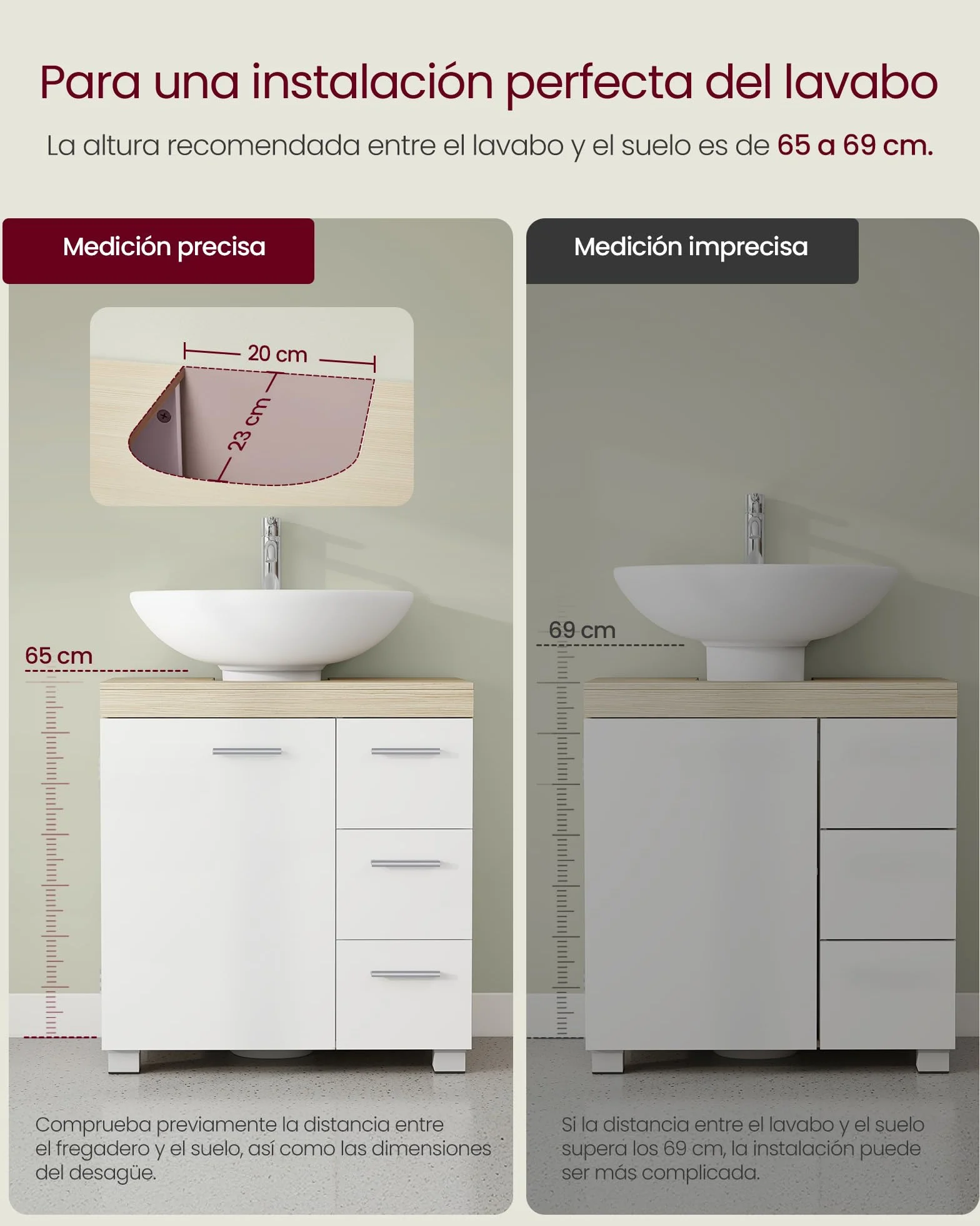 VASAGLE Armario de Baño 3 Cajones 30 x 60 x 64 cm Blanco Nube Beige Natural