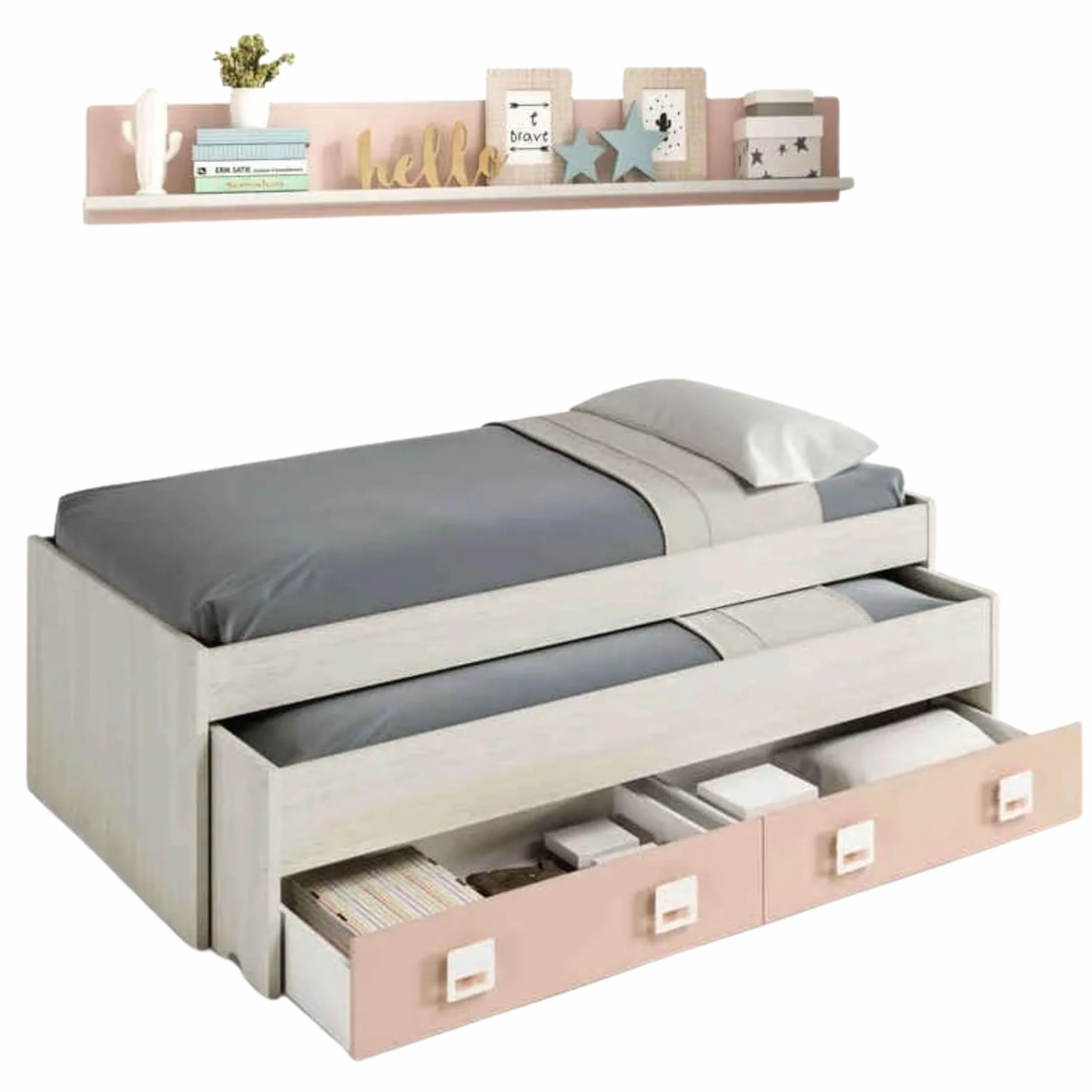 Miroytengo Pack Habitación Juvenil Infantil Rosa Gris Blanco Alpes (Cama Nido + Estante + Armario + Escritorio + estantería) con Somieres