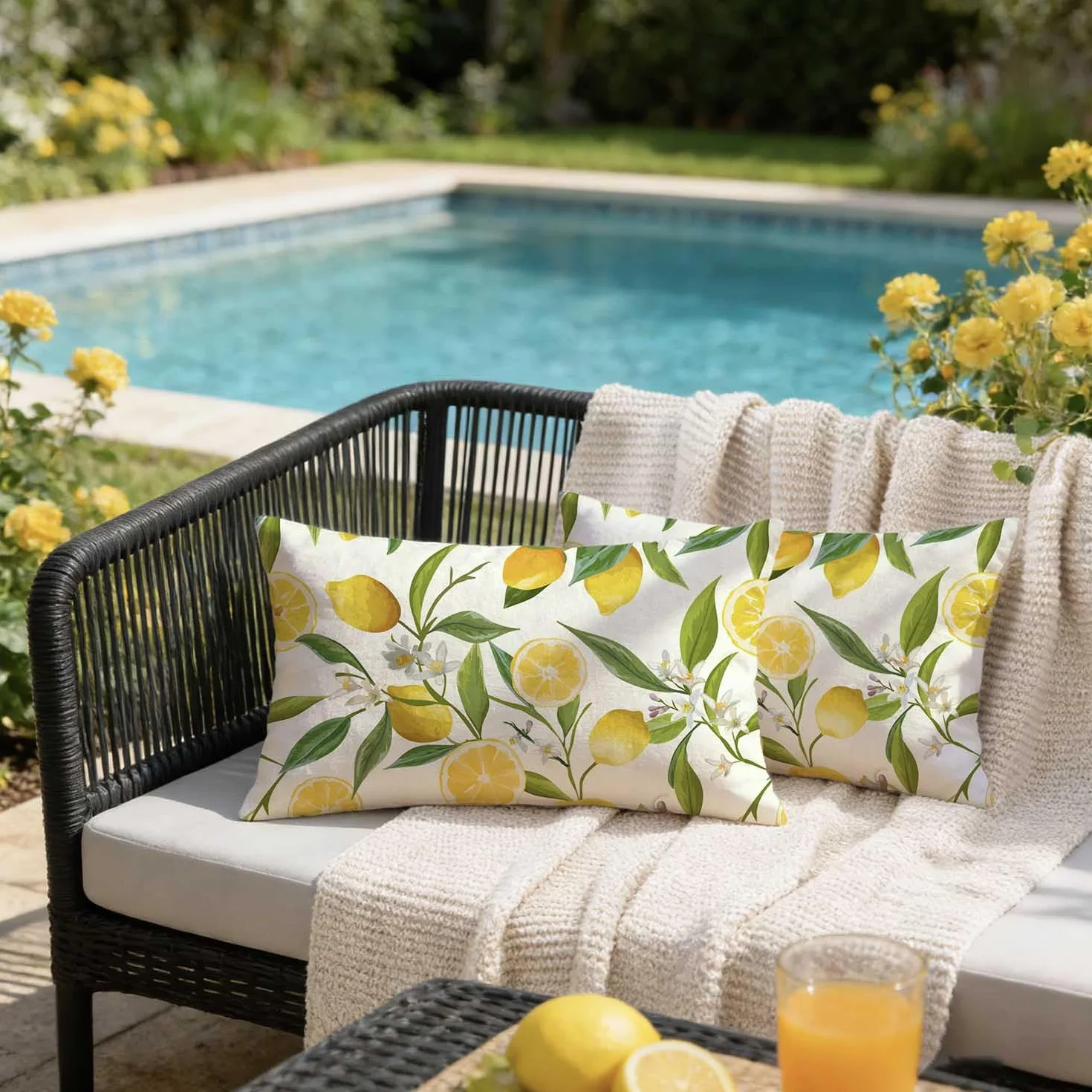 Fundas Cojines Exterior Jardin 30x50 cm Impermeable Limón y Hoja Verde Decorativo Modernas Cuadrado Verano Fundas de Almohada para Patio Balcón Estar Dormitorio Sofá, Juego de 2