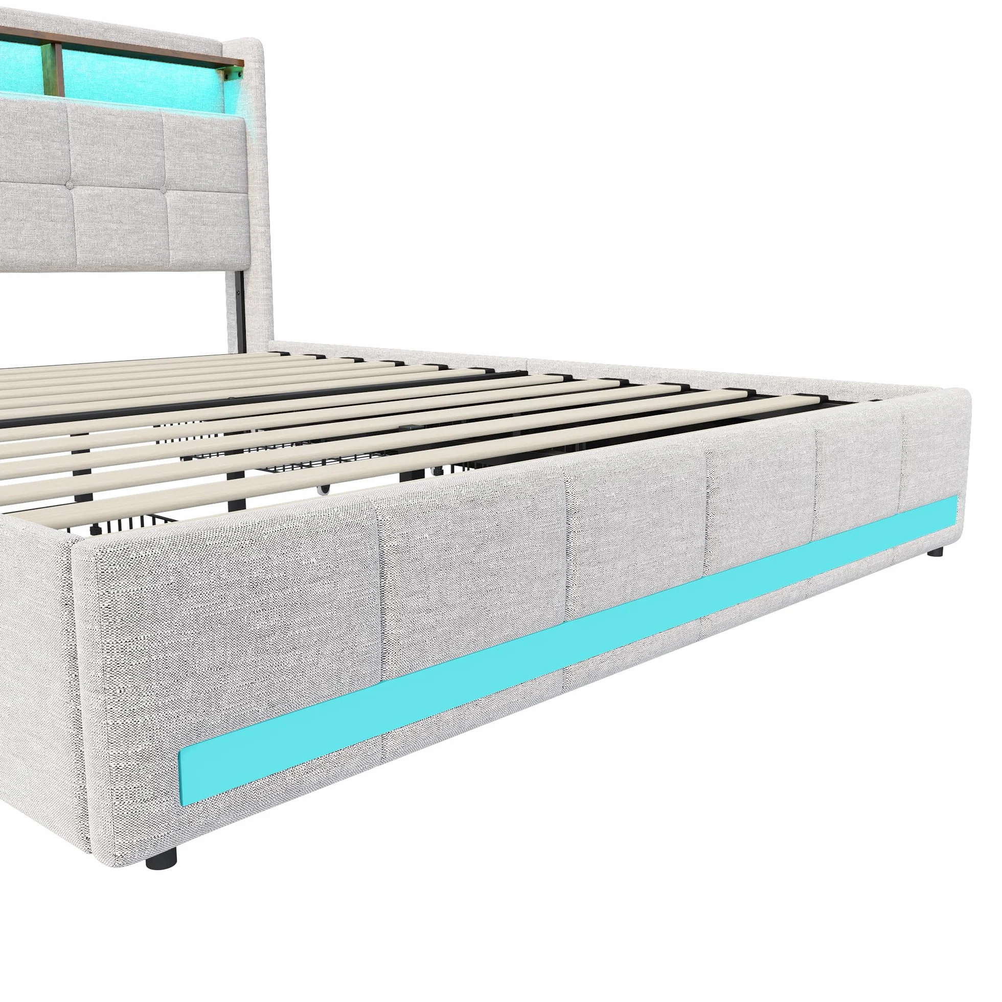 Cama Tapizada 160x200 con Espacio de Almacenamiento, Cama Matrimonial con Toma USB y luz LED, Cama Juvenil con 4 Cajones, Estructura de Cama con cabecero y somier, Tela de Lino, Sin Colchón, Beige A