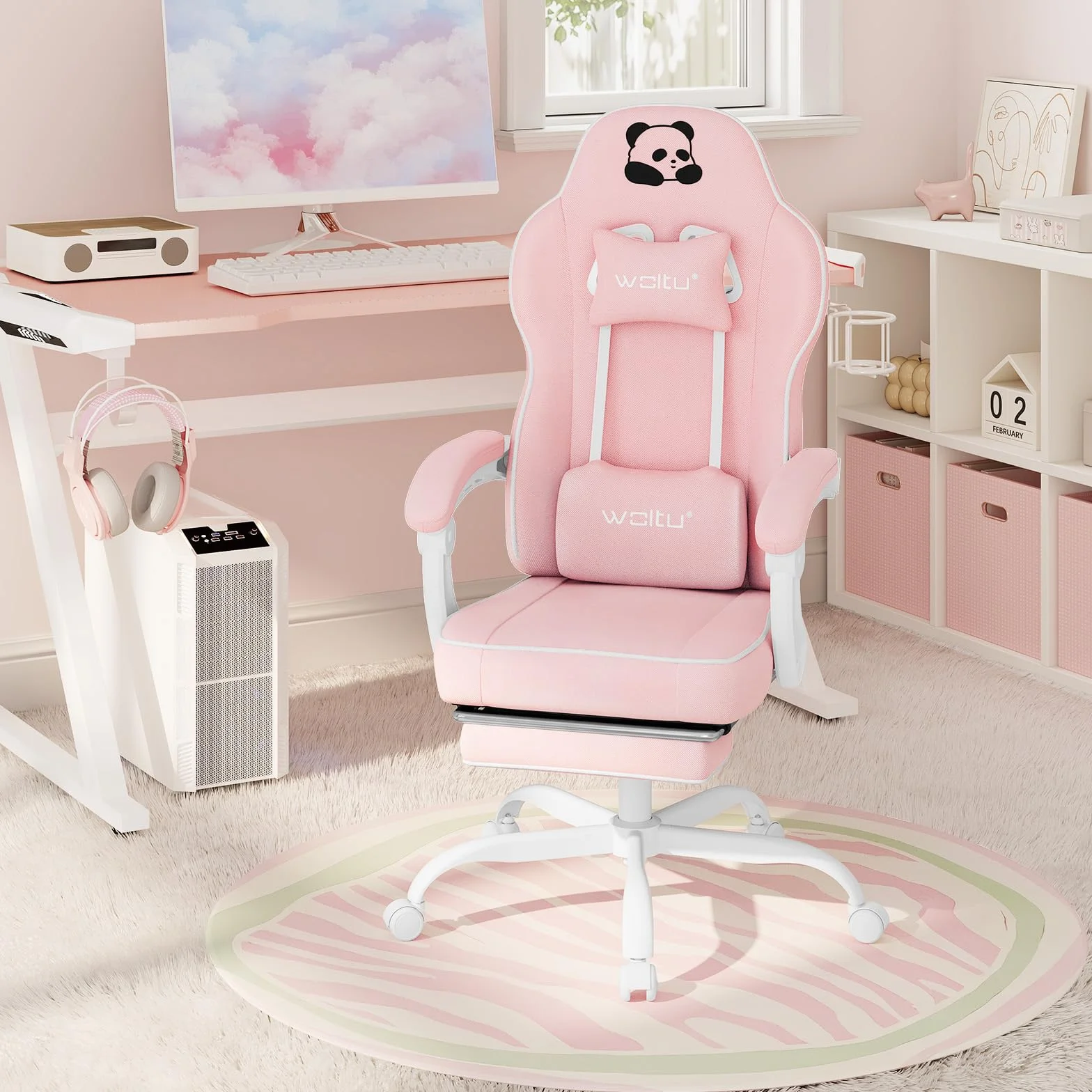 WOLTU Silla Gaming Ergonómica con Reposabrazos y Soporte Lumbar, Asiento Elástico, Estructura Metal, Tela de Malla, Rosa, GS16rs
