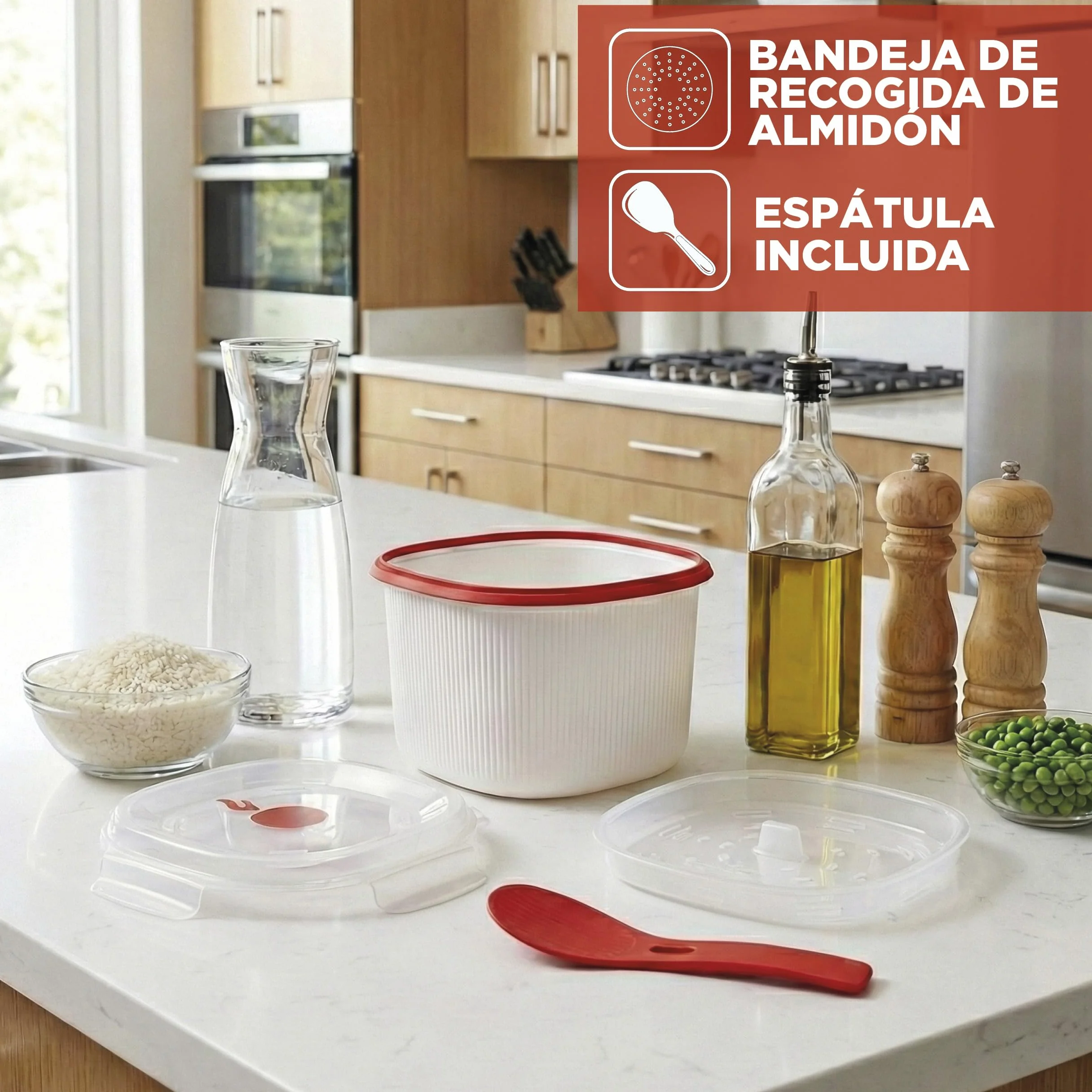 Olla Arrocera Microondas 2.70L Recipiente para Cocina al Vapor, Cereales & Rice Cooker con Espátula, Made in Italy