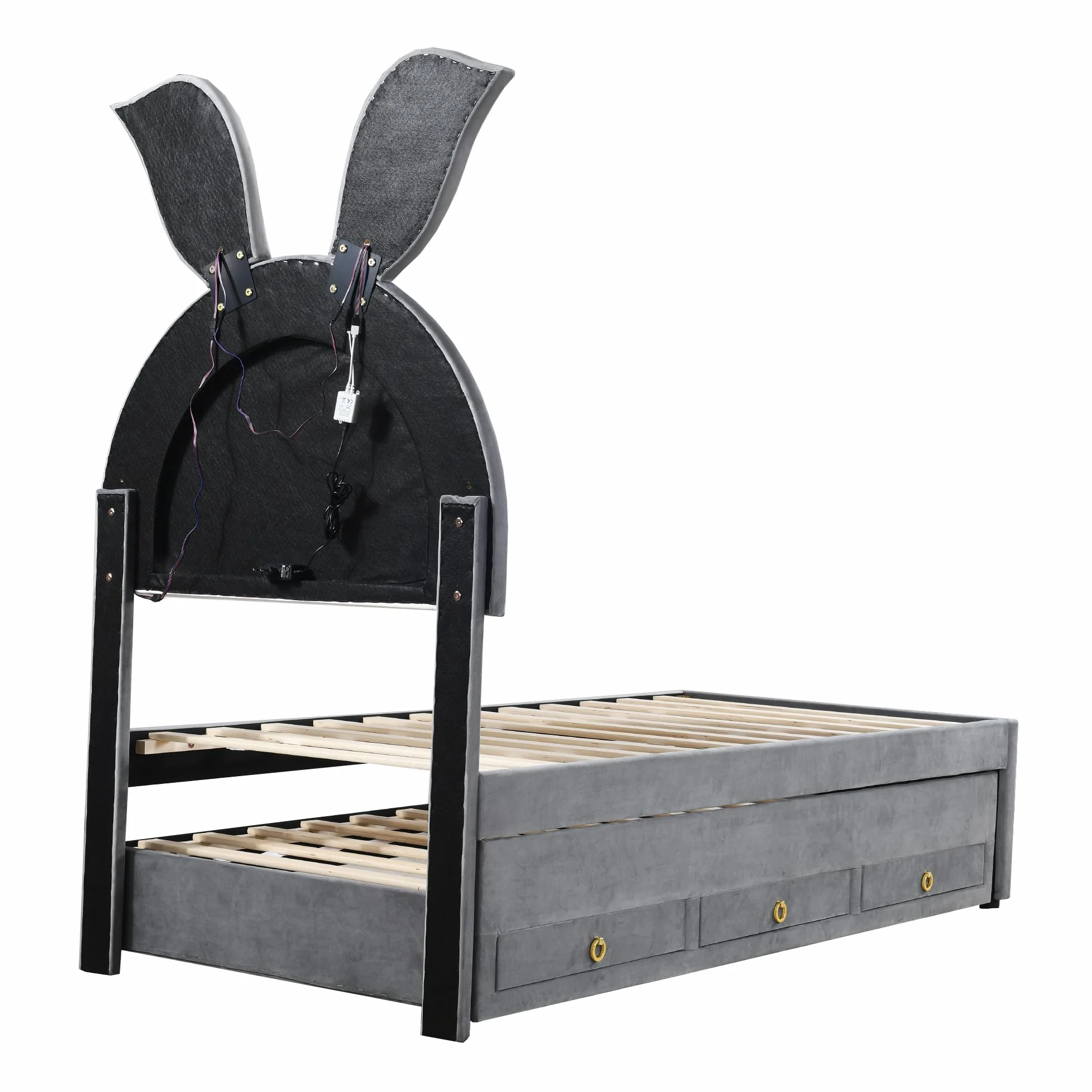 Azkoeesy Cama Infantil tapizada con Cama Nido y 3 cajones, con iluminación LED, diseño de Orejas de Conejo de Dibujos Animados, para 2 niños y niña, Funda de Terciopelo, 90x200 cm + 90x190 cm, Gris