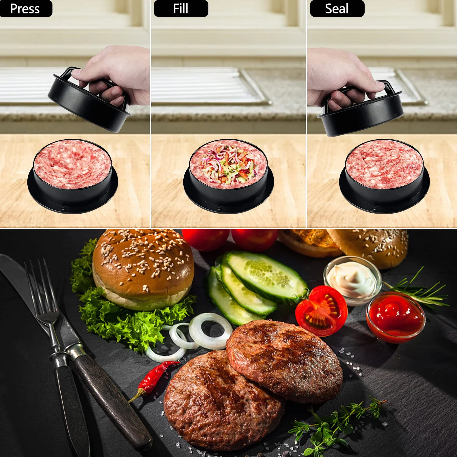 Newpop Prensa de Hamburguesa 3 en 1 Antiadherente, Molde con Mango ABS para Prensar Carne, Empanadas, Barbacoa