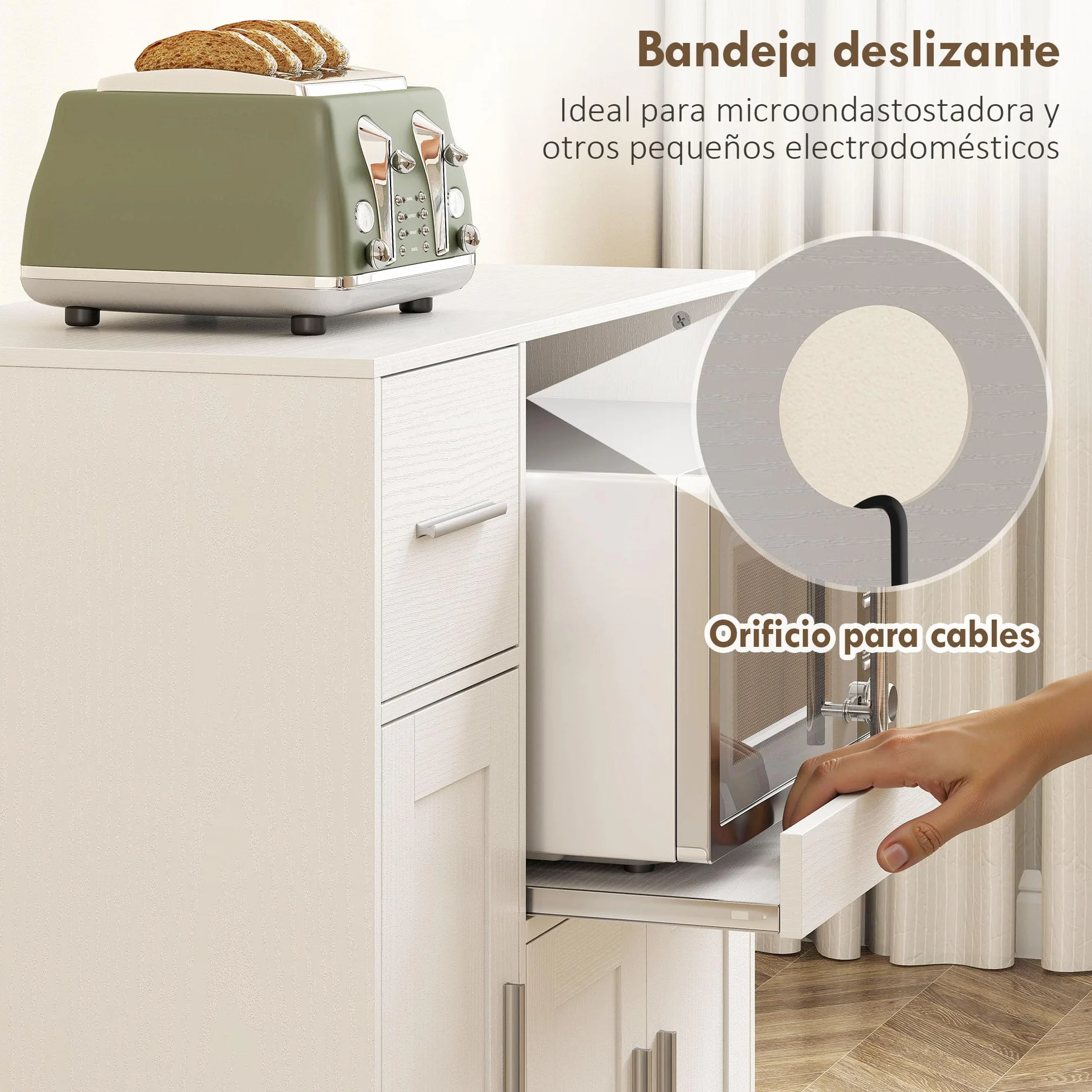 HOMCOM Mueble Auxiliar de Cocina con Ruedas, Aparador de Cocina para Microondas con Bandeja Deslizante, Cajón, 3 Puertas, Estante Ajustable y Orificio para Cables, para Salón, 80x40x88,7 cm, Blanco