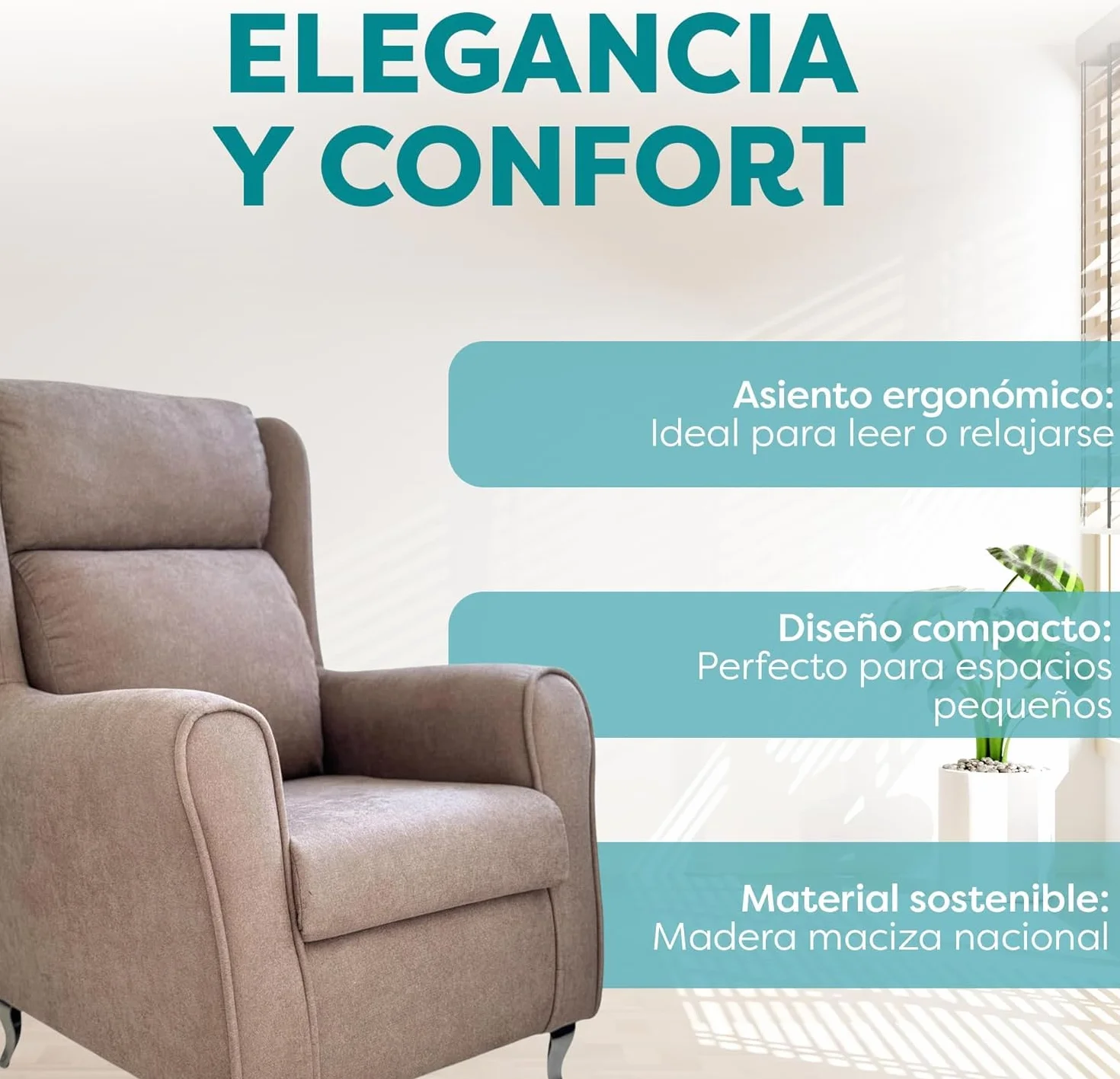 HOME&SOFAS SI | Sillón Lectura Cómodo para Salón o Sala de Estar | Con Respaldo Desenfundable | Butacas de Salón para Sala de Estar | Sillón de Descanso | Butaca con Respaldo y Patas Metálicas