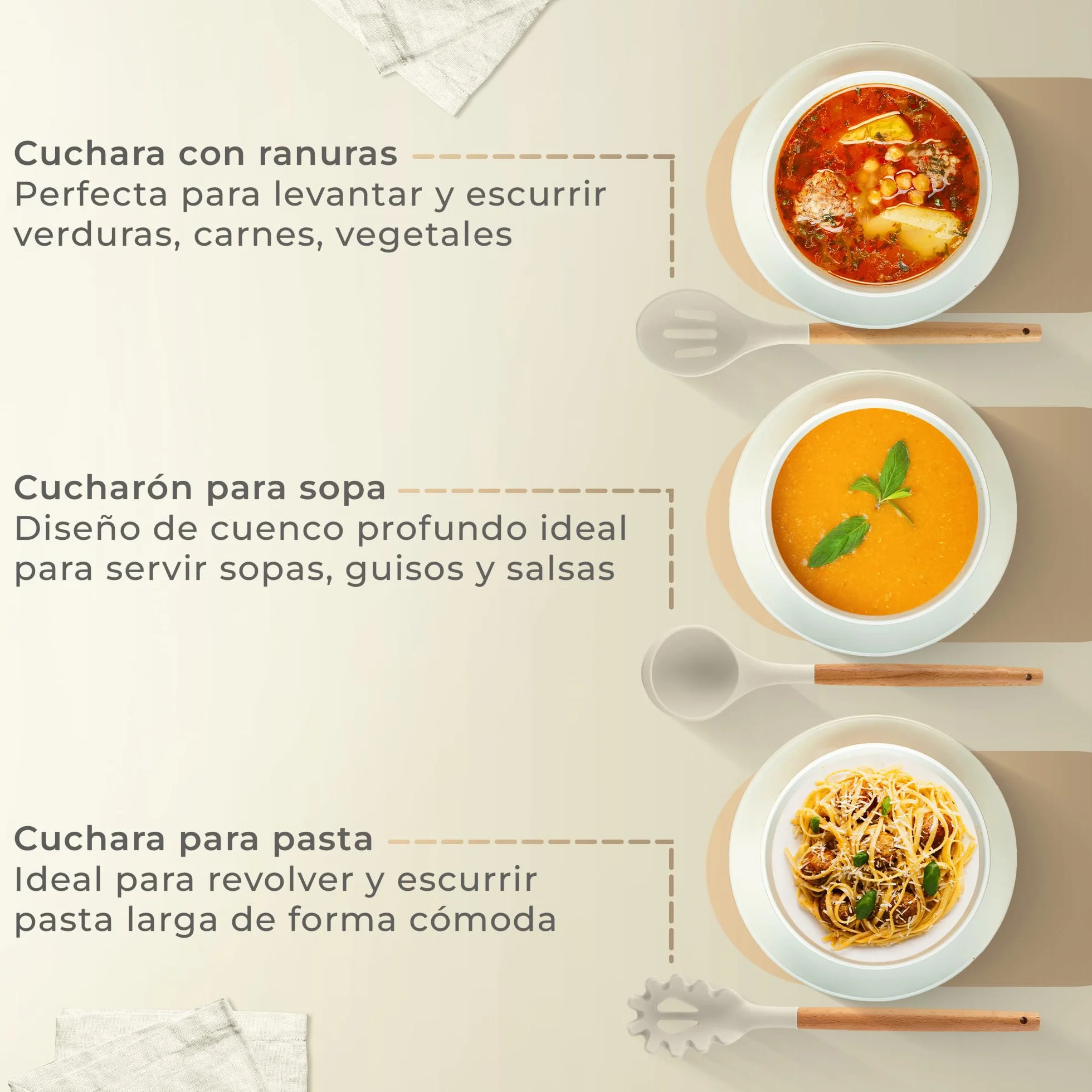 Juego de Utensilios de Cocina de Silicona 12 Piezas con Mangos de Madera y Soporte Organizador Beige