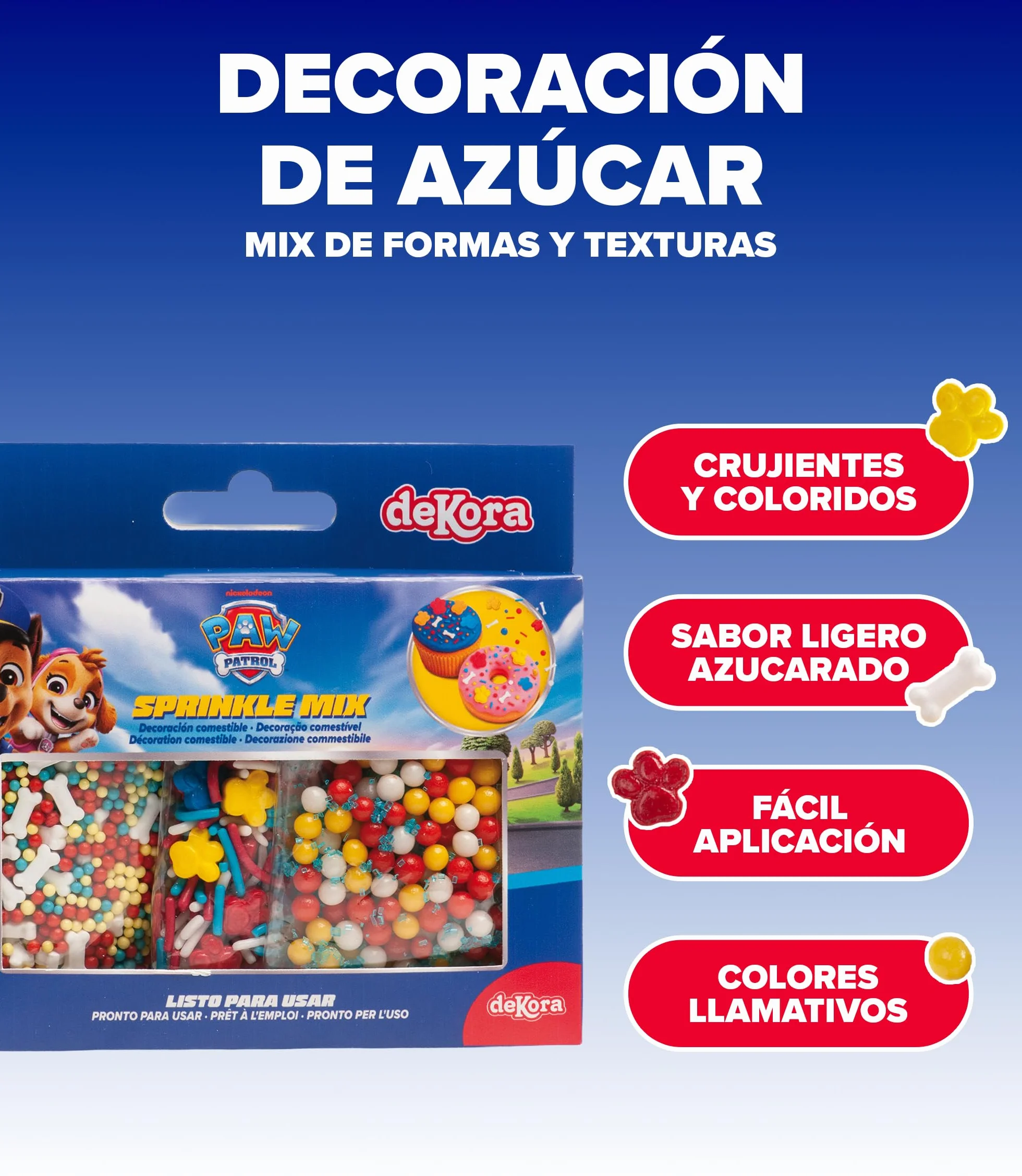 Dekora Sprinkles de azúcar para repostería Mix Patrulla canina 70g Decoracion tartas cumpleaños infantiles 3 unidades Adornos comestibles sin gluten