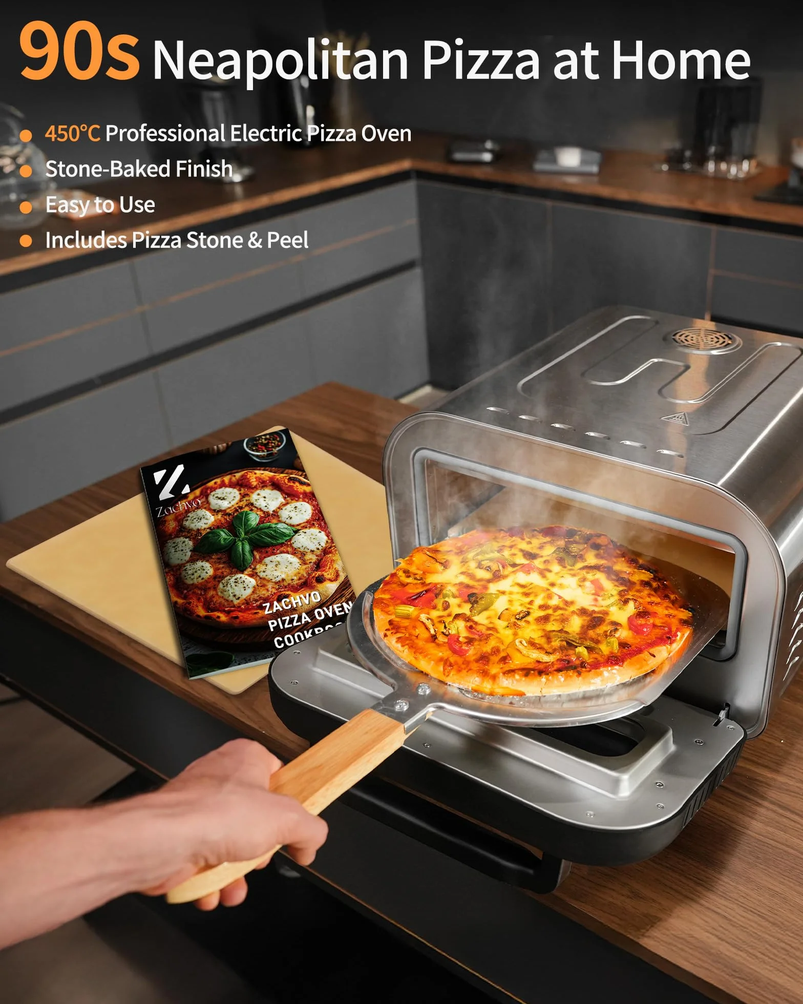 Horno Eléctrico para Pizza 450°C 5 Programas Temporizador 1-60 min Pantalla Táctil Acero Inoxidable