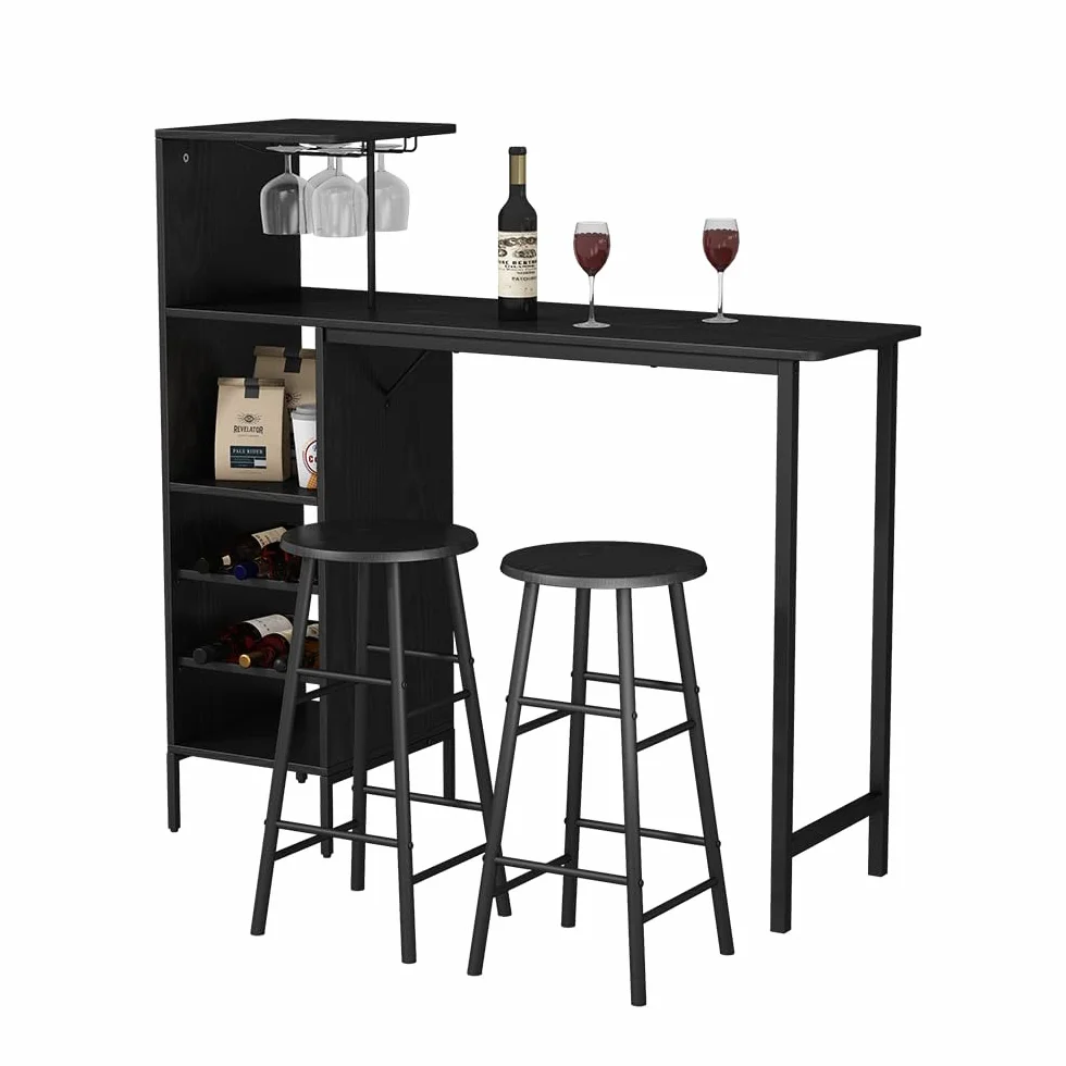 Vicco Juego de Mesa de Bar Naila, Negro, 121.5 x 40 cm con 2 taburetes, Apto como Comedor con Superficies de Almacenamiento para Guardar Objetos