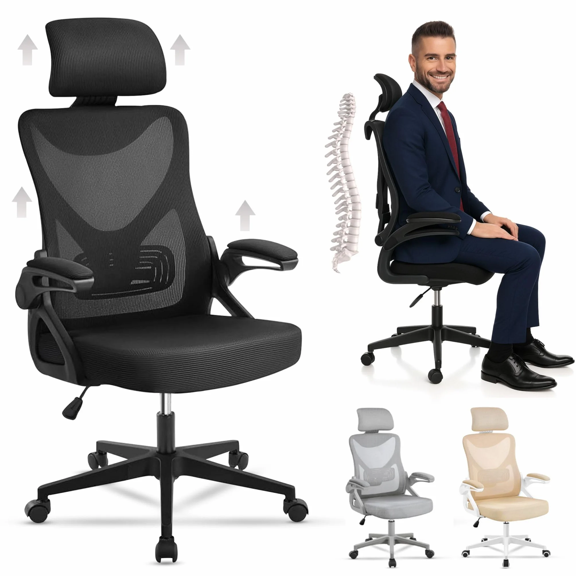EveryKip Silla Escritorio Ergonomica Ajustable con Reposabrazos Beige Ruedas Anti-Arañazos Sillas Oficina Ejecutiva con Reposacabezas Negro