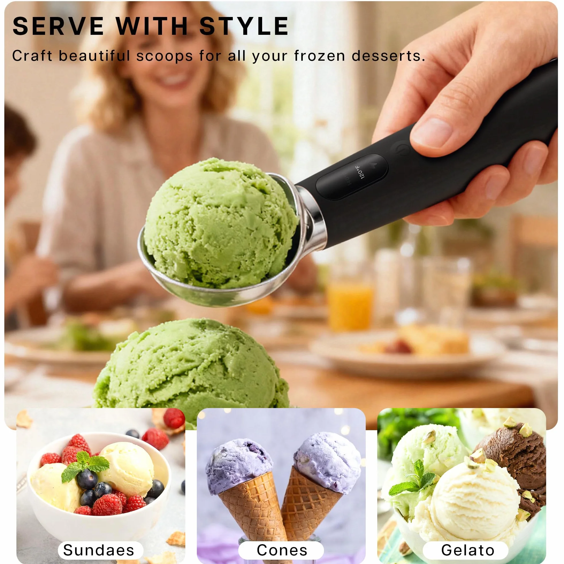 VRAIKO Cuchara de helado calentada 3 niveles de calor ajustables 50/60/70 °C LED 2600 mAh recargable para helado duro negro