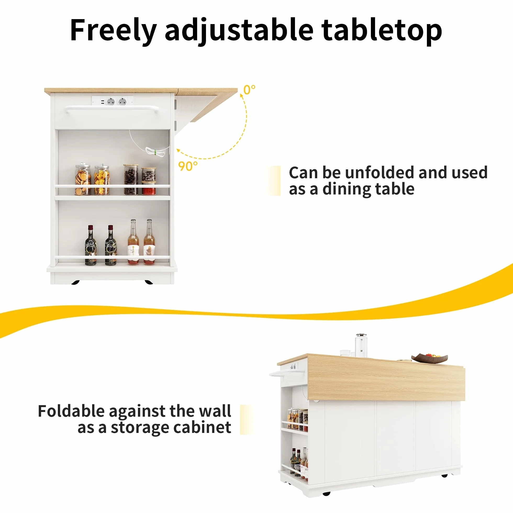 Isla De Cocina, Carro de Cocina con Encimera Extensible, Mueble Auxiliar de Salon con Ruedas y Tomas de Corriente, Mueble Buffet con Cajones y Puertas, 151.5x59.7-84.7x91.7cm (Blanco)