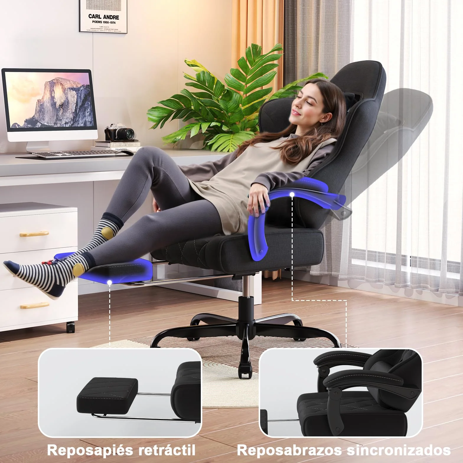 Devoko Silla Gaming Ergonómica de Tela Transpirable con Masaje Lumbar y Reposapiés Retráctil, Reclinable, 150 kg, Negro