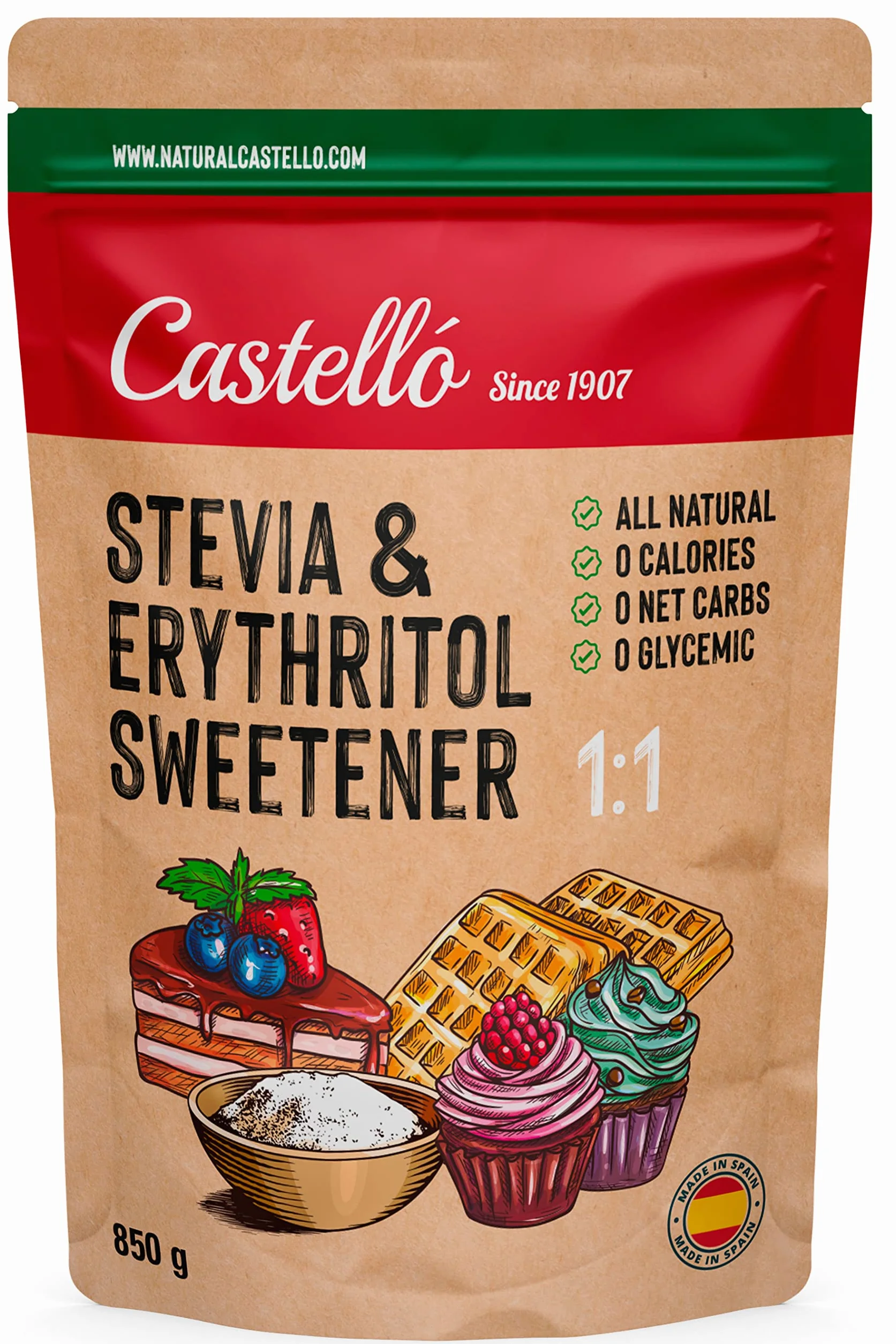 Castello Stevia Eritritol 1:1 850 g Sustituto del Azúcar 100% Natural 0 Calorías Keto Paleo