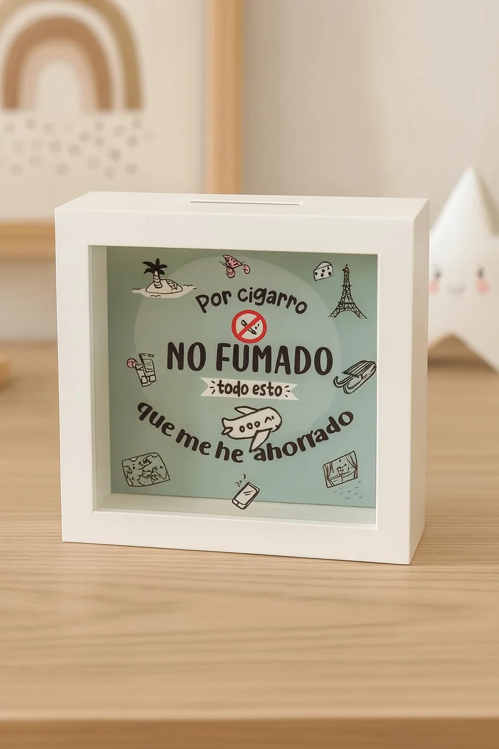 Hucha de Madera Blanca con Cristal, Hucha para Ex Fumadores con Mensaje Motivacional, Ahorro por Cigarrillo No Fumado 15x15x5cm