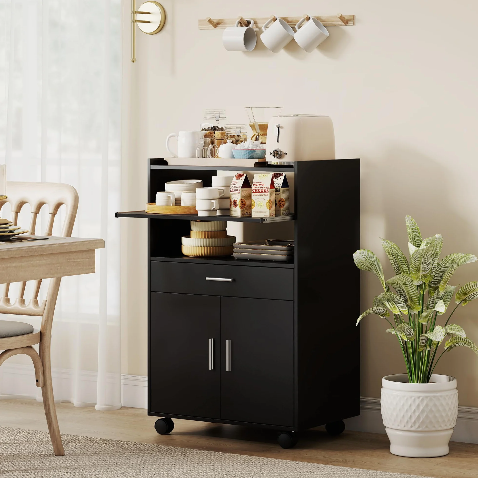 HOMCOM Armario Microondas con Ruedas, Aparador de Cocina con Cajón, Encimera para Electrodomésticos, Armario con 2 Puertas, Estante Extraíble y Abierto, Carro de Cocina para Salón, 59x40x92cm, Negro