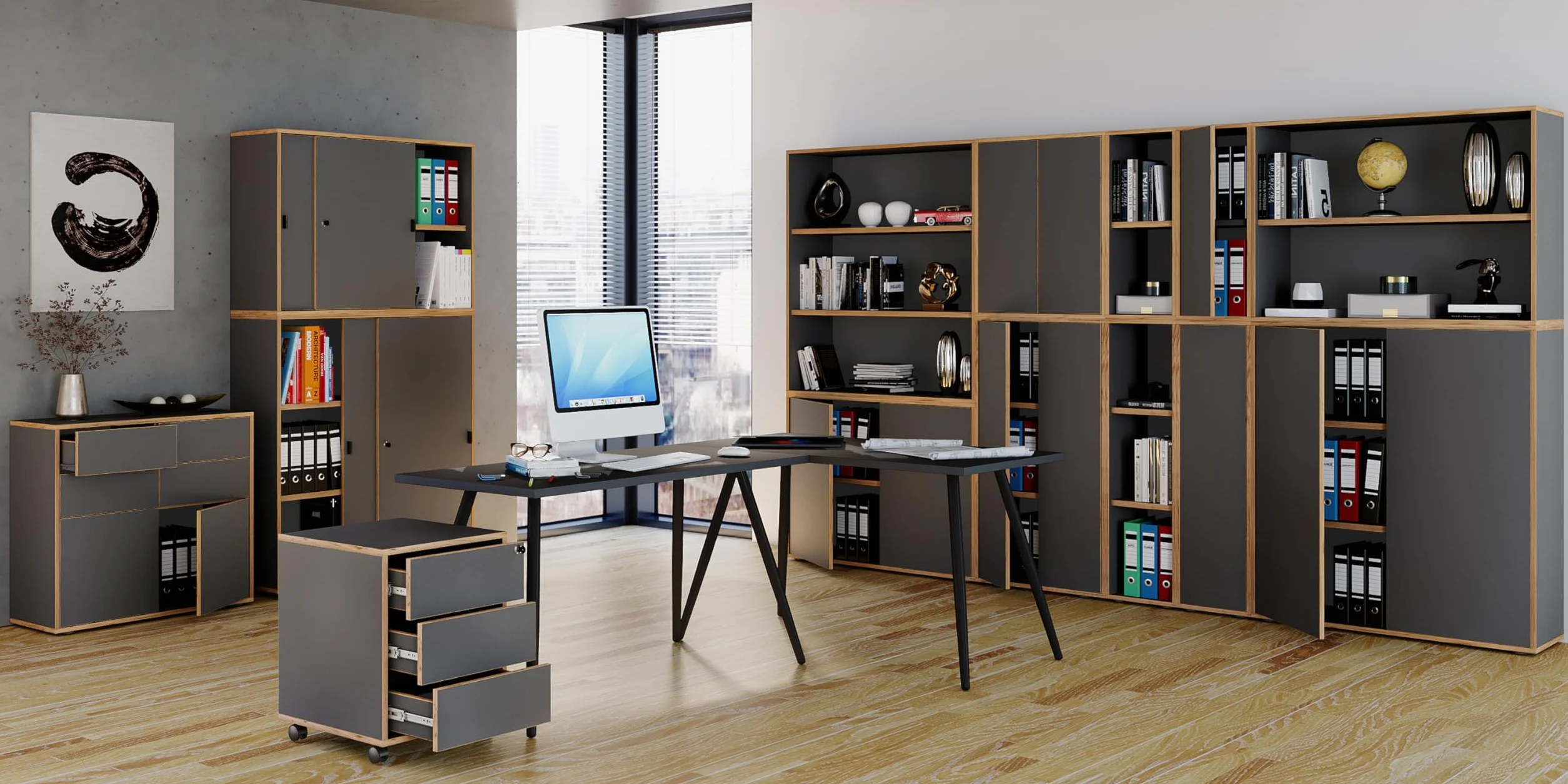 VCM Armario de Oficina de Madera Archivador Mobiliario de Oficina Armario Salia 5 Pliegues Anchura 60 cm Puertas correderas Antracita