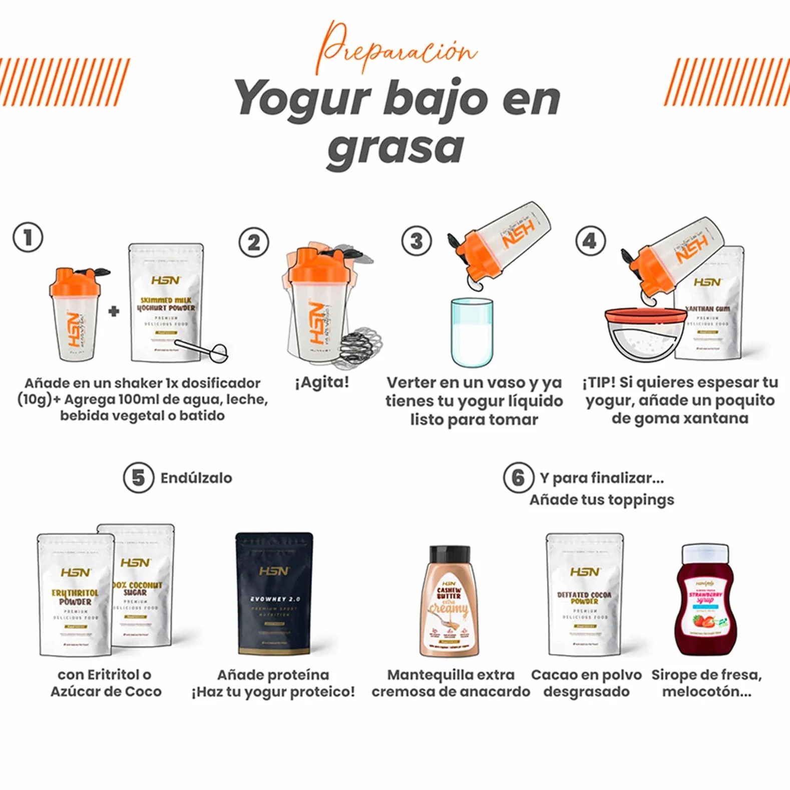 Yogur Bajo en Grasa en Polvo HSN Sabor Natural 500 g 50 Tomas No-GMO Vegetariano Sin Gluten