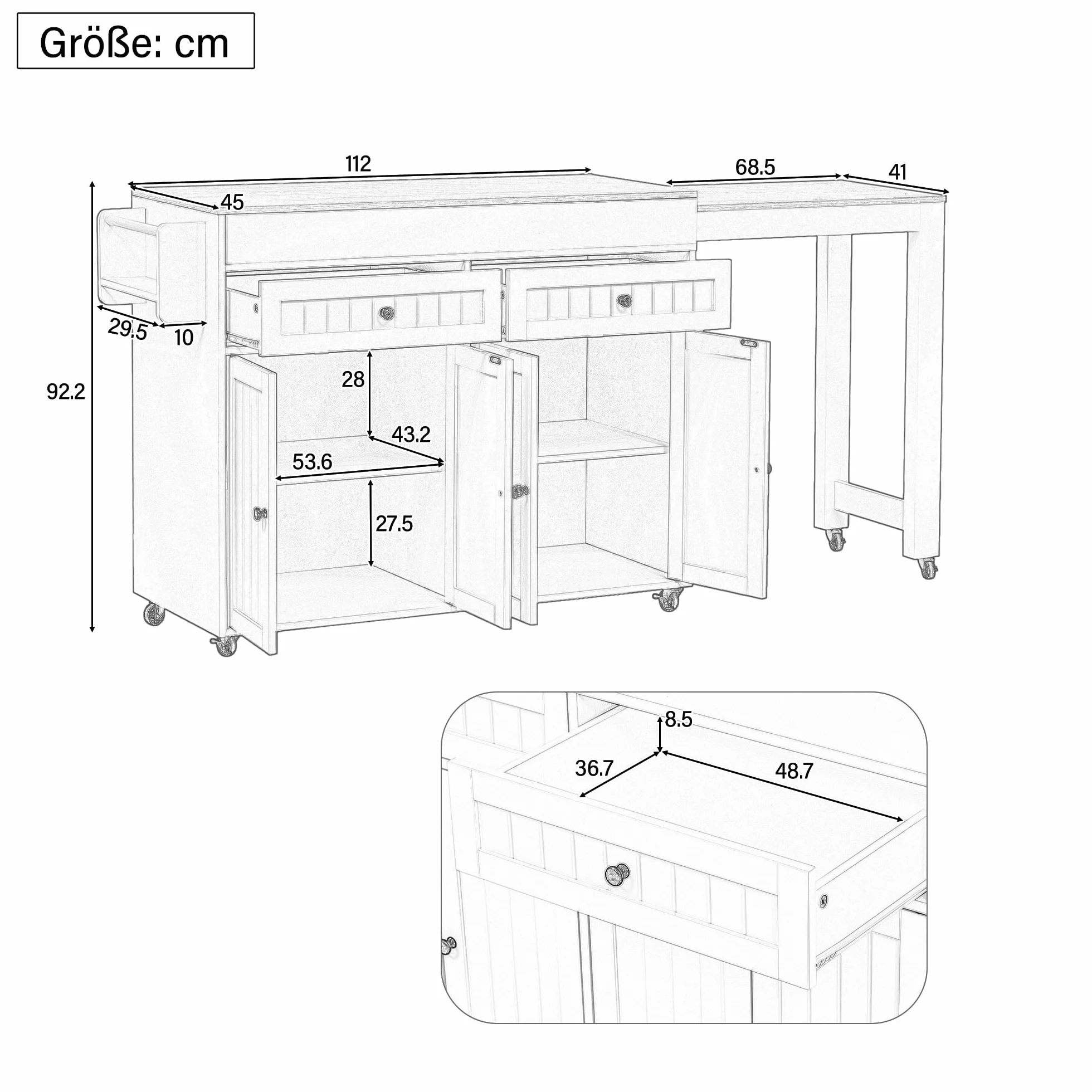 LAKFEW Mesa de Bar Isla Cocina con 7 Ruedas y Encimera Extensible, Mesa Cocina Extensible con 4 Puertas y 2 Cajones, Barra Bar Mueble Auxiliar, 112(180.5) x45x92.2 cm, Gris+Natural